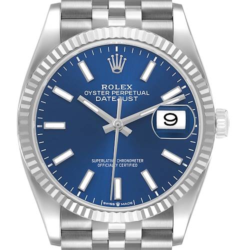 The Rolex Datejust 126234 Men's Stainless Steel Blue Dial watch is shown from the front, highlighting its blue dial, fluted bezel, and date function with magnification.