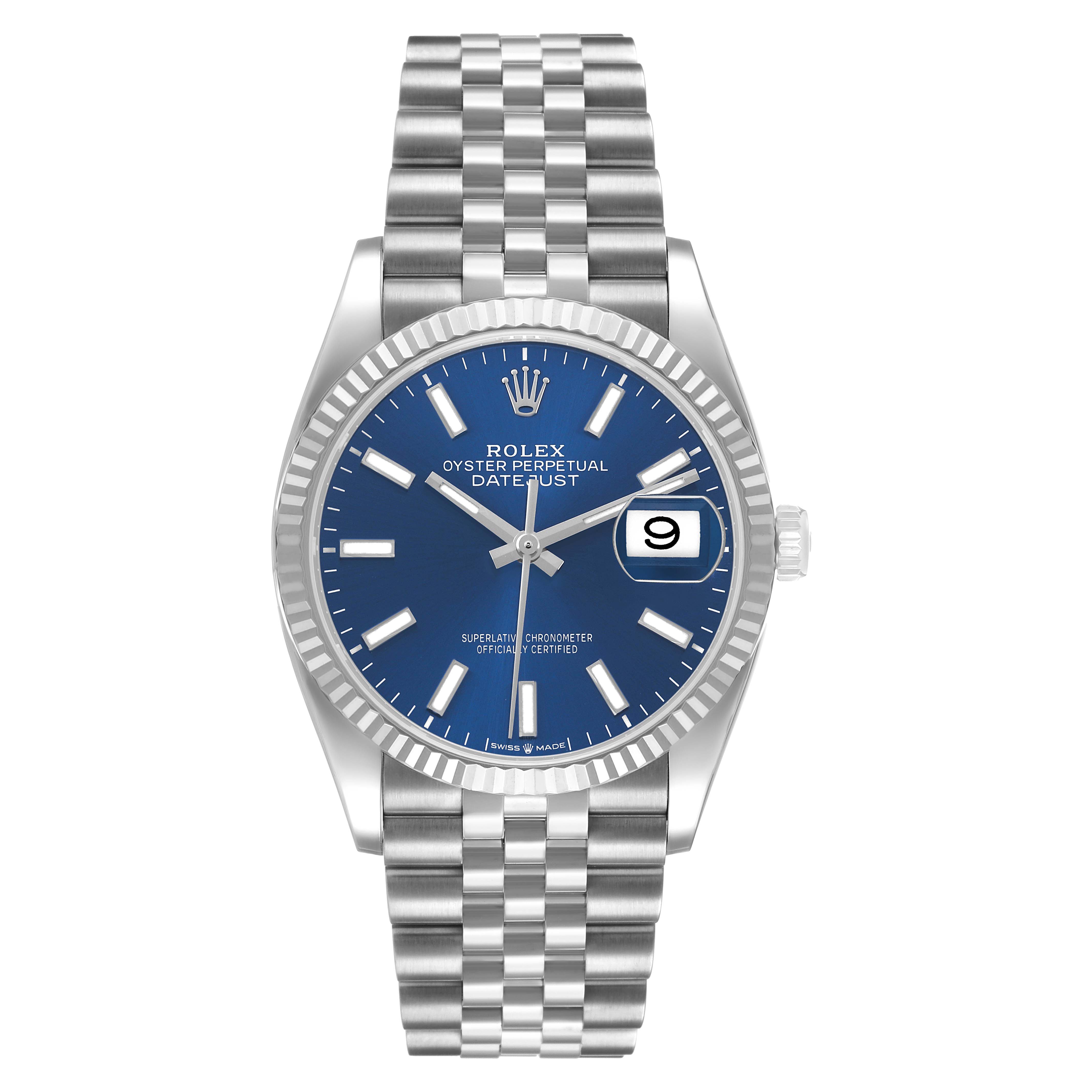 The Rolex Datejust 126234 Men's Stainless Steel Blue Dial watch is shown from a front angle, highlighting the face, bezel, and bracelet.