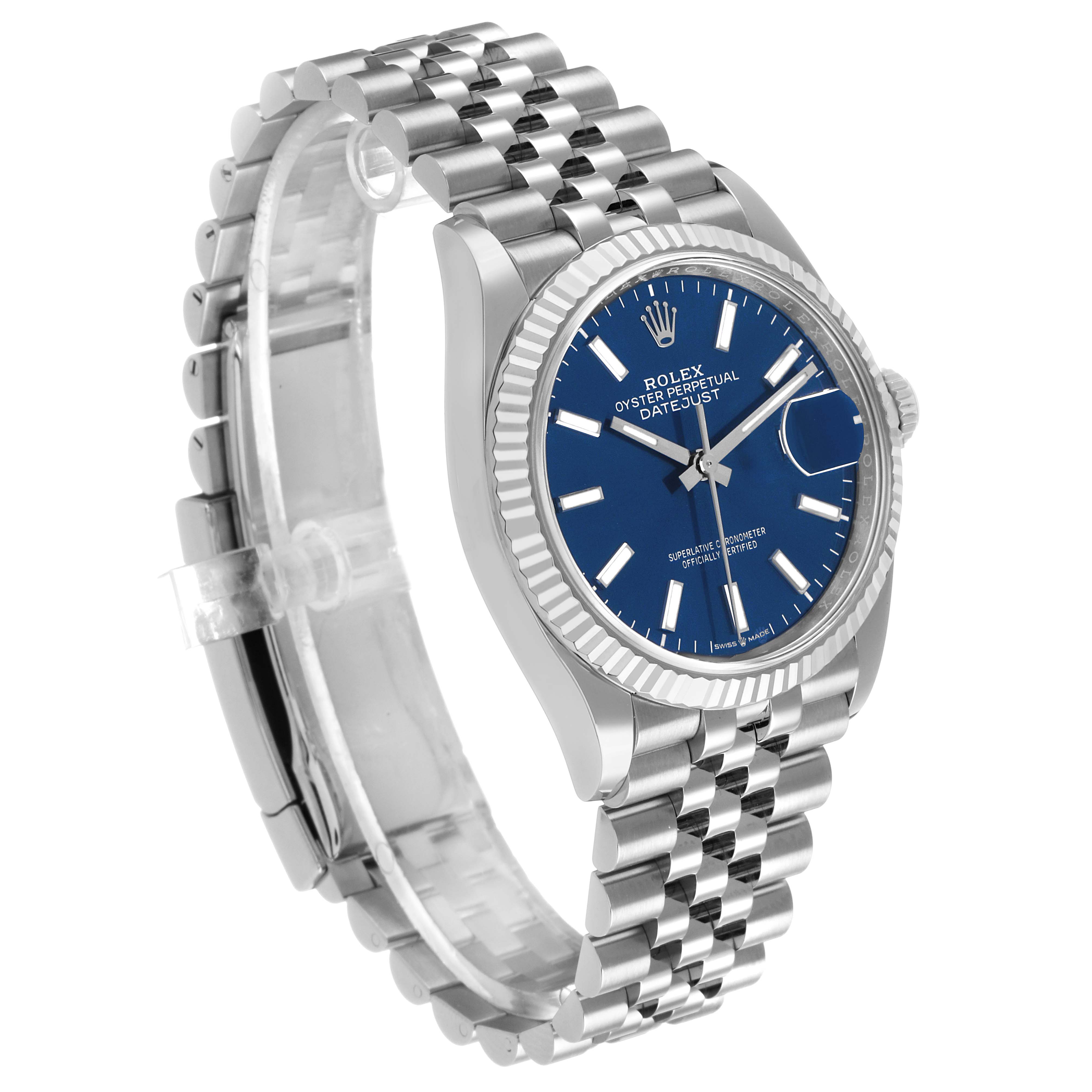 The Rolex Datejust 126234 Men's Stainless Steel Blue Dial watch is shown at a side angle, highlighting its blue dial, fluted bezel, and Jubilee bracelet.