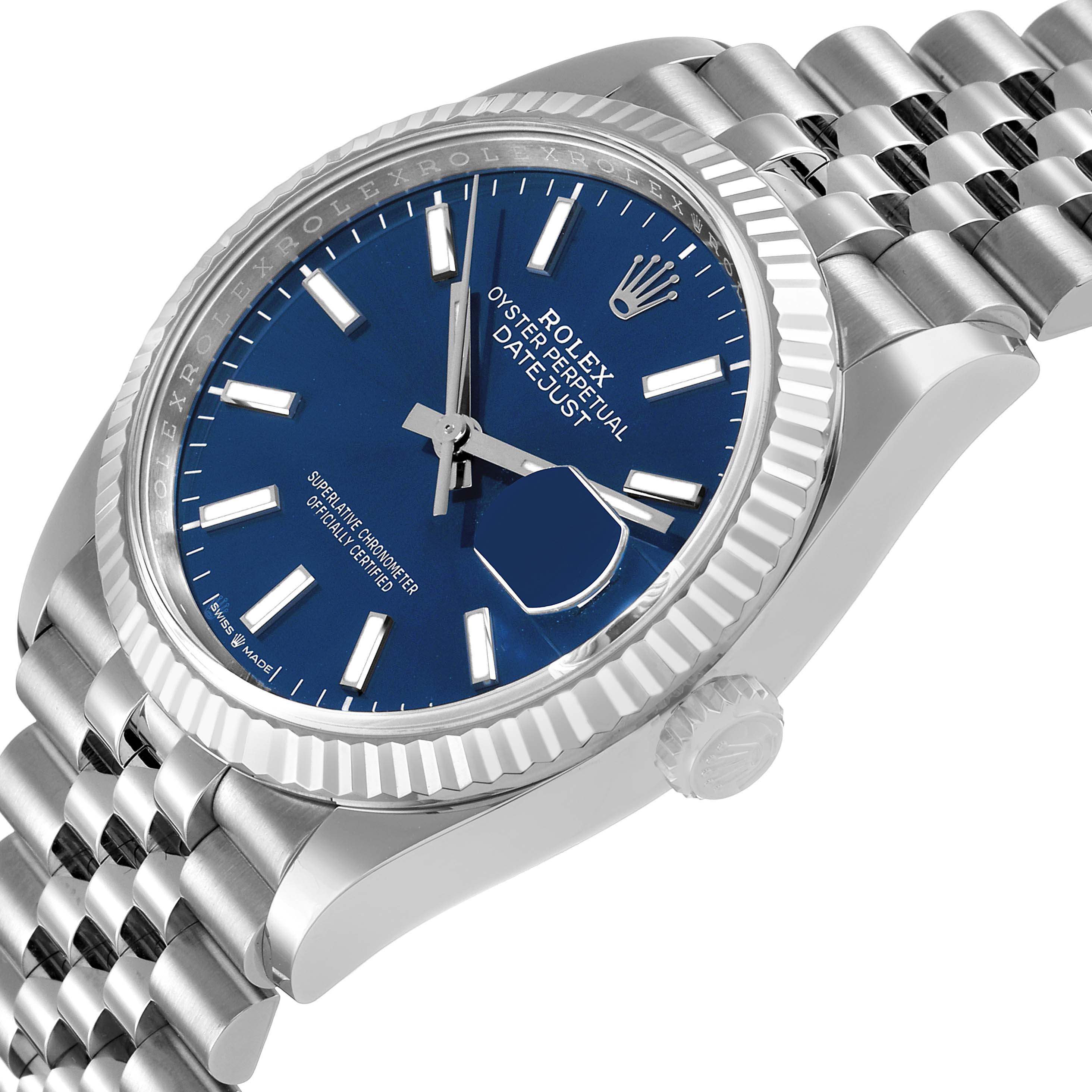 The Rolex Datejust 126234 Men's Stainless Steel Blue Dial watch is shown at an angled view, highlighting the face, bezel, and part of the bracelet.