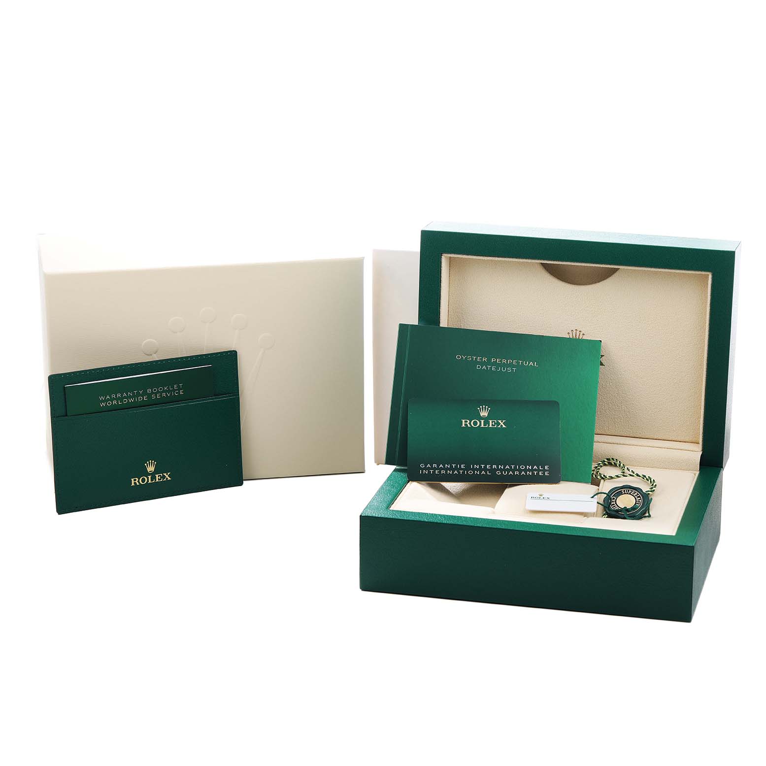 The image shows the Rolex Datejust 126234 Men's Stainless Steel Blue Dial packaging, warranty booklets, and accessories from a side angle.