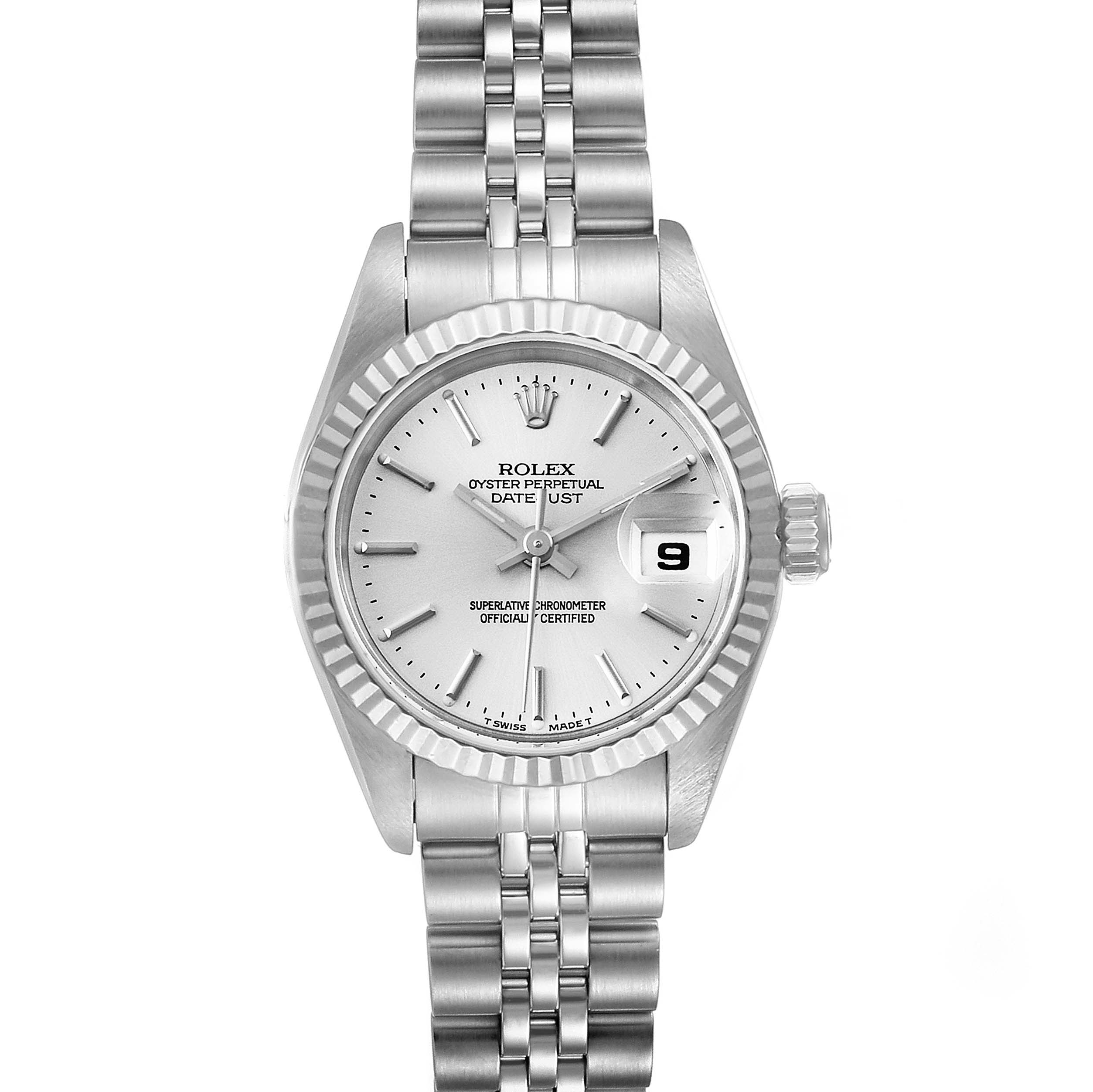 This image shows a front view of the Rolex Datejust 69174 Women's Stainless Steel Silver Dial 69174 Women's Stainless Steel Silver Dial watch, featuring the face, bracelet, and crown.