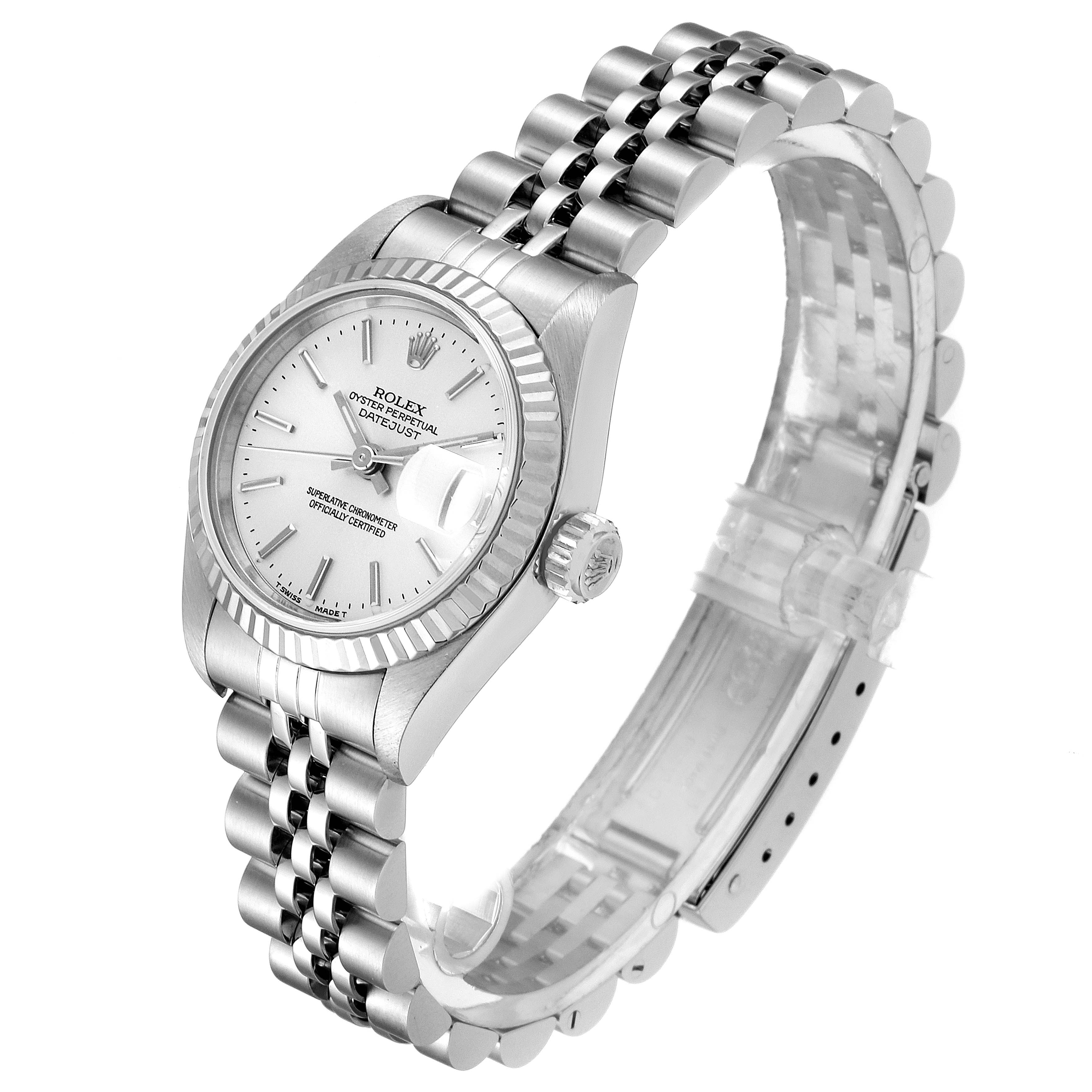 The image shows a Rolex Datejust 69174 Women's Stainless Steel Silver Dial 69174 Women's Stainless Steel Silver Dial watch at a 45-degree angle, highlighting the dial, bezel, crown, and Jubilee bracelet.
