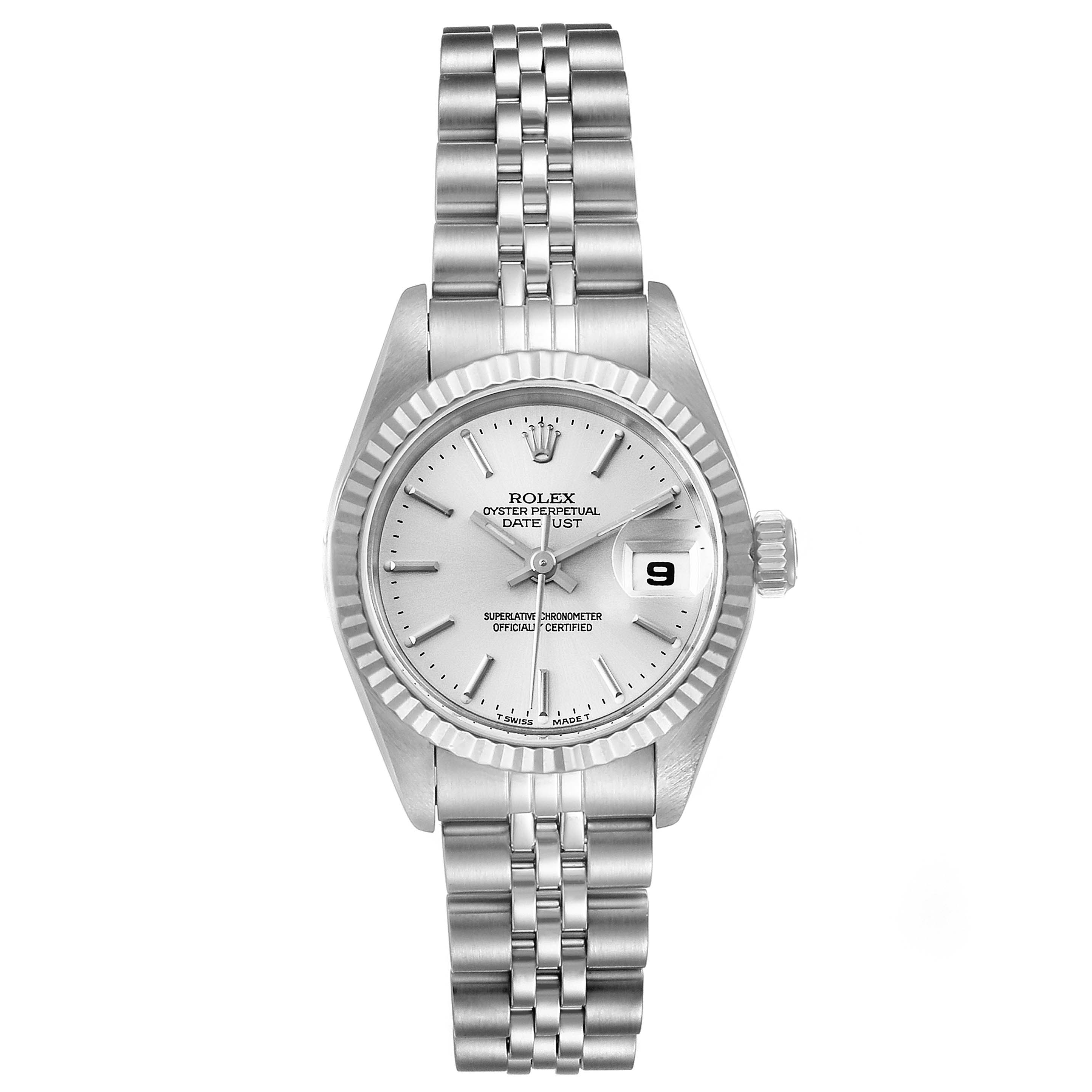 The Rolex Datejust 69174 Women's Stainless Steel Silver Dial 69174 Women's Stainless Steel Silver Dial watch is shown from the front, displaying its silver dial, fluted bezel, and Jubilee bracelet.