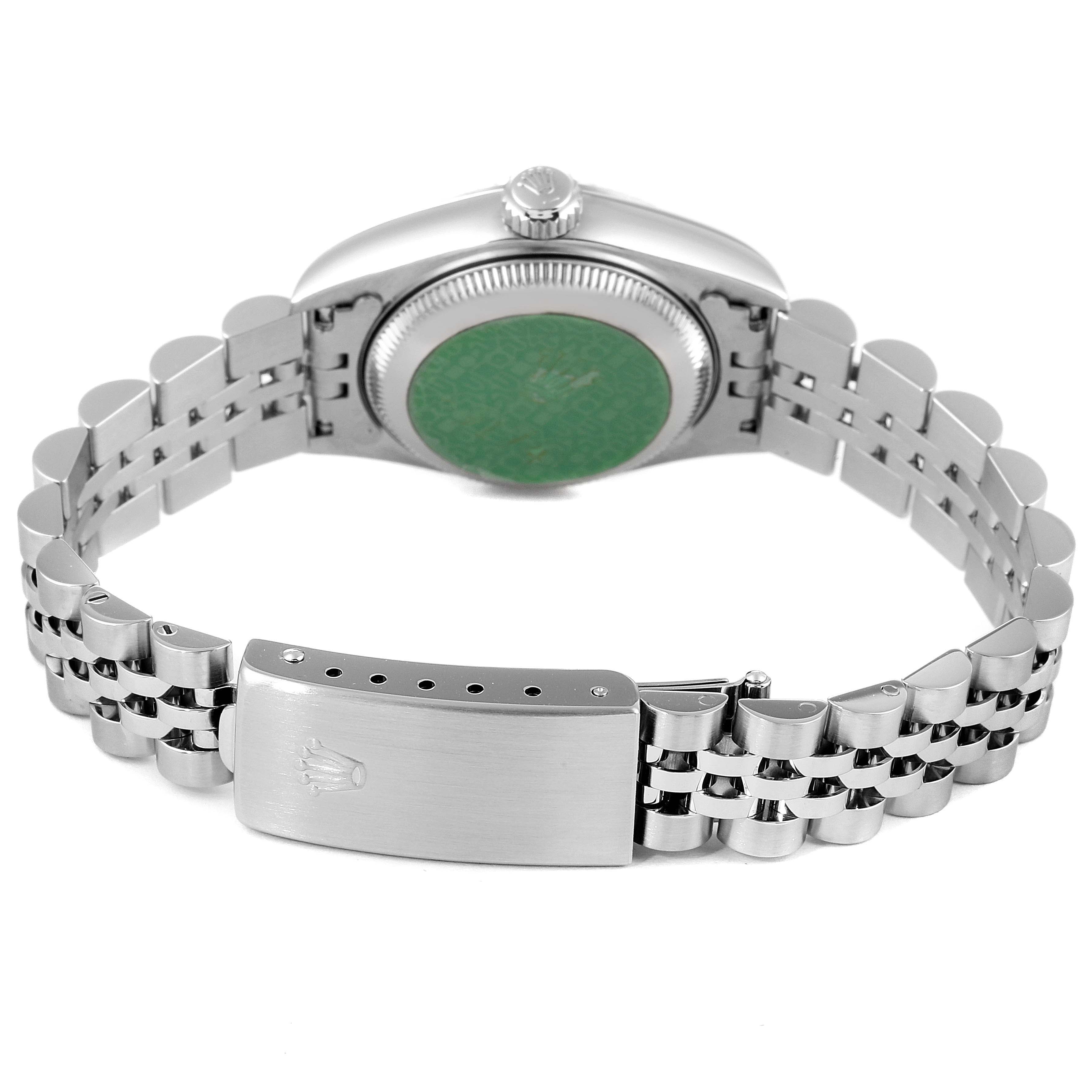 This image shows the back view of a Rolex Datejust 69174 Women's Stainless Steel Silver Dial 69174 Women's Stainless Steel Silver Dial watch, highlighting the case back, crown, and Jubilee bracelet with clasp.
