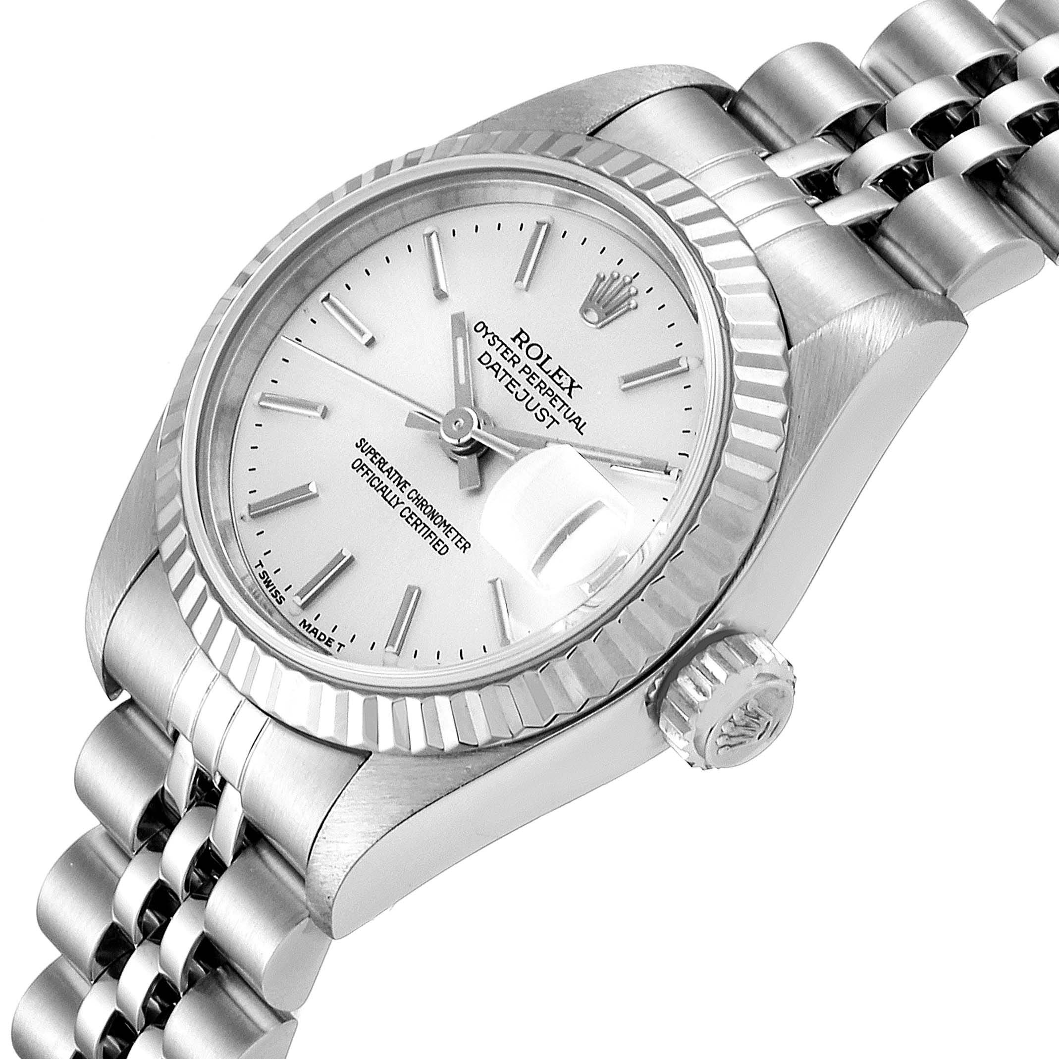 The image shows a Rolex Datejust 69174 Women's Stainless Steel Silver Dial 69174 Women's Stainless Steel Silver Dial watch from an angled side view, highlighting the dial, bezel, crown, and a portion of the bracelet.