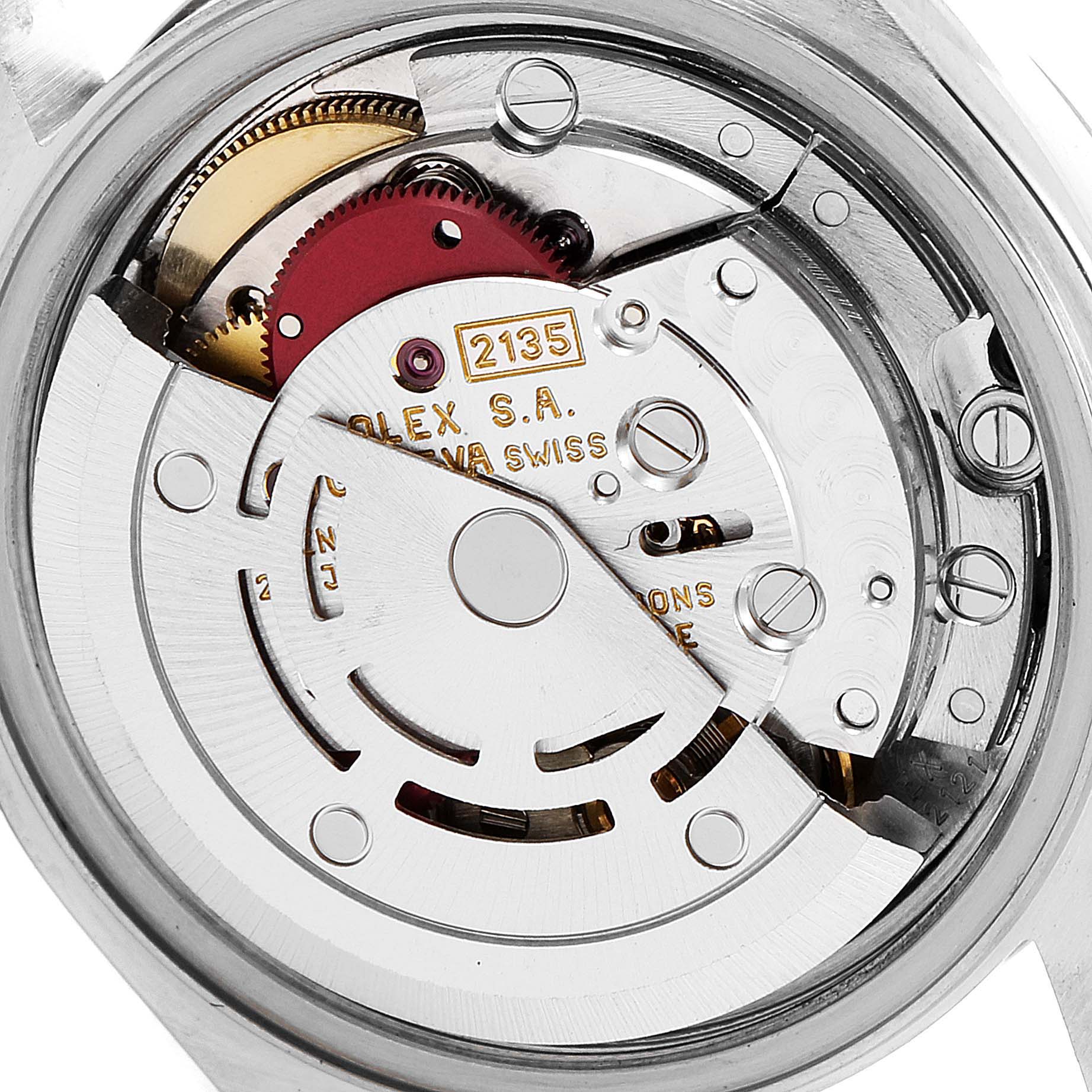 This image shows the internal movement components of a Rolex Datejust 69174 Women's Stainless Steel Silver Dial 69174 Women's Stainless Steel Silver Dial watch from a back angle.