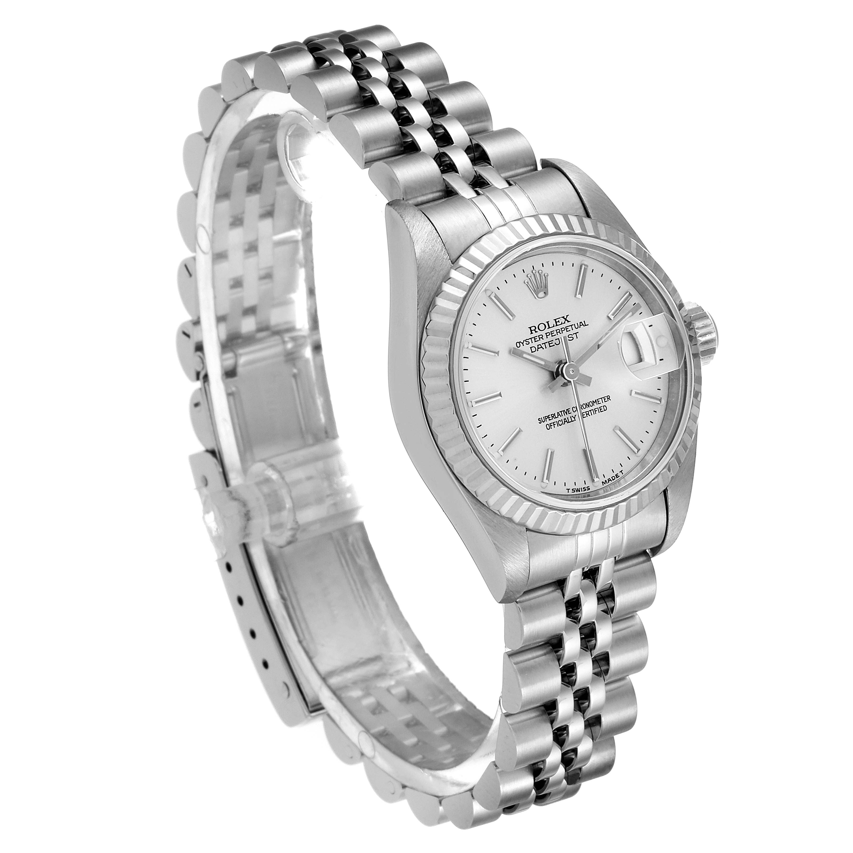 The image shows a Rolex Datejust 69174 Women's Stainless Steel Silver Dial 69174 Women's Stainless Steel Silver Dial watch at a three-quarter angle, highlighting its face, fluted bezel, and Jubilee bracelet.