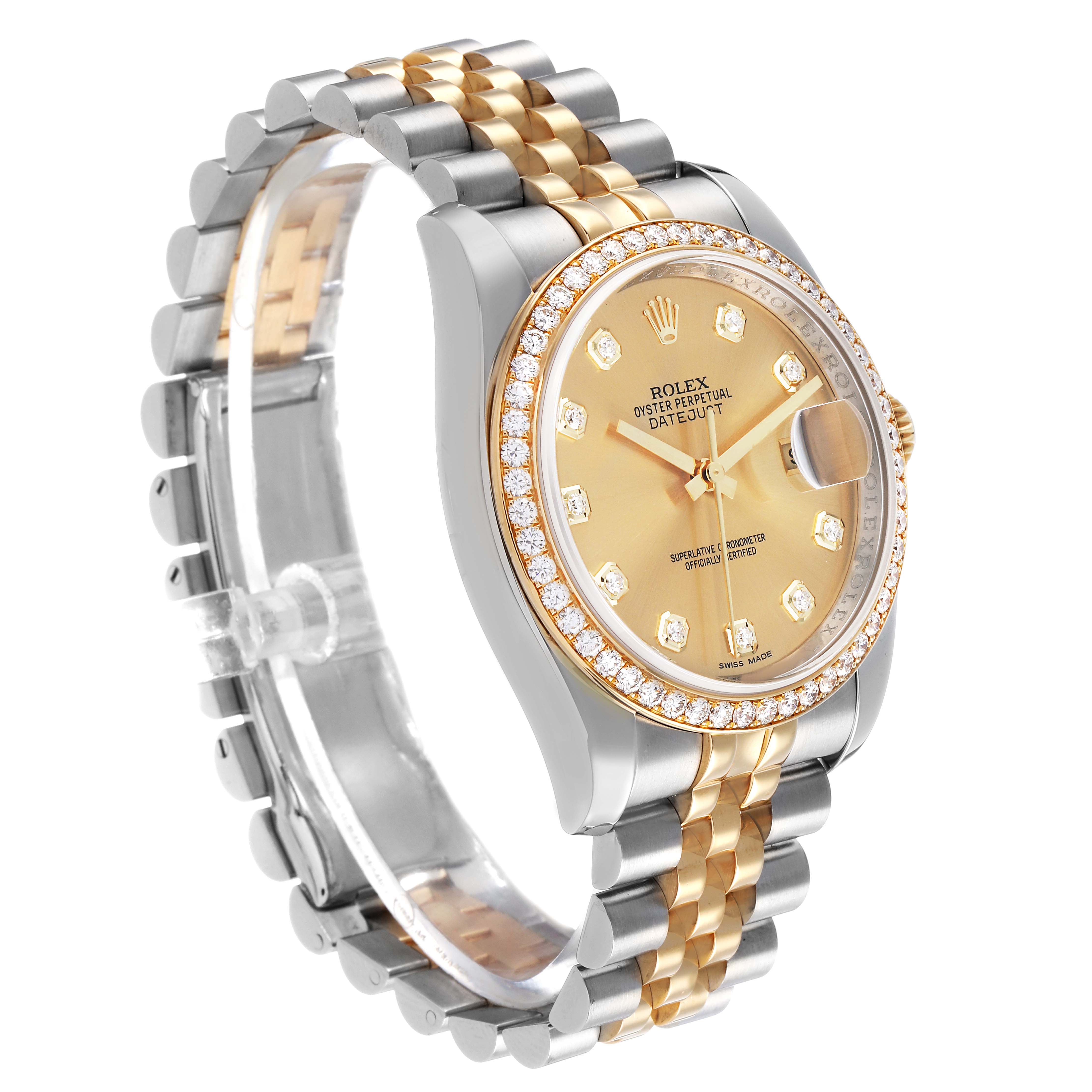 The Rolex Datejust 116243 Men's Steel and Gold (two tone) Champagne Dial is shown from a three-quarter angle, displaying the gold and silver bracelet, diamond bezel, and face details.