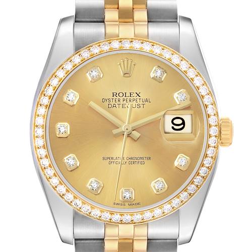 The Rolex Datejust 116243 Men's Steel and Gold (two tone) Champagne Dial watch is shown from a front angle, highlighting the bezel, dial, and bracelet.