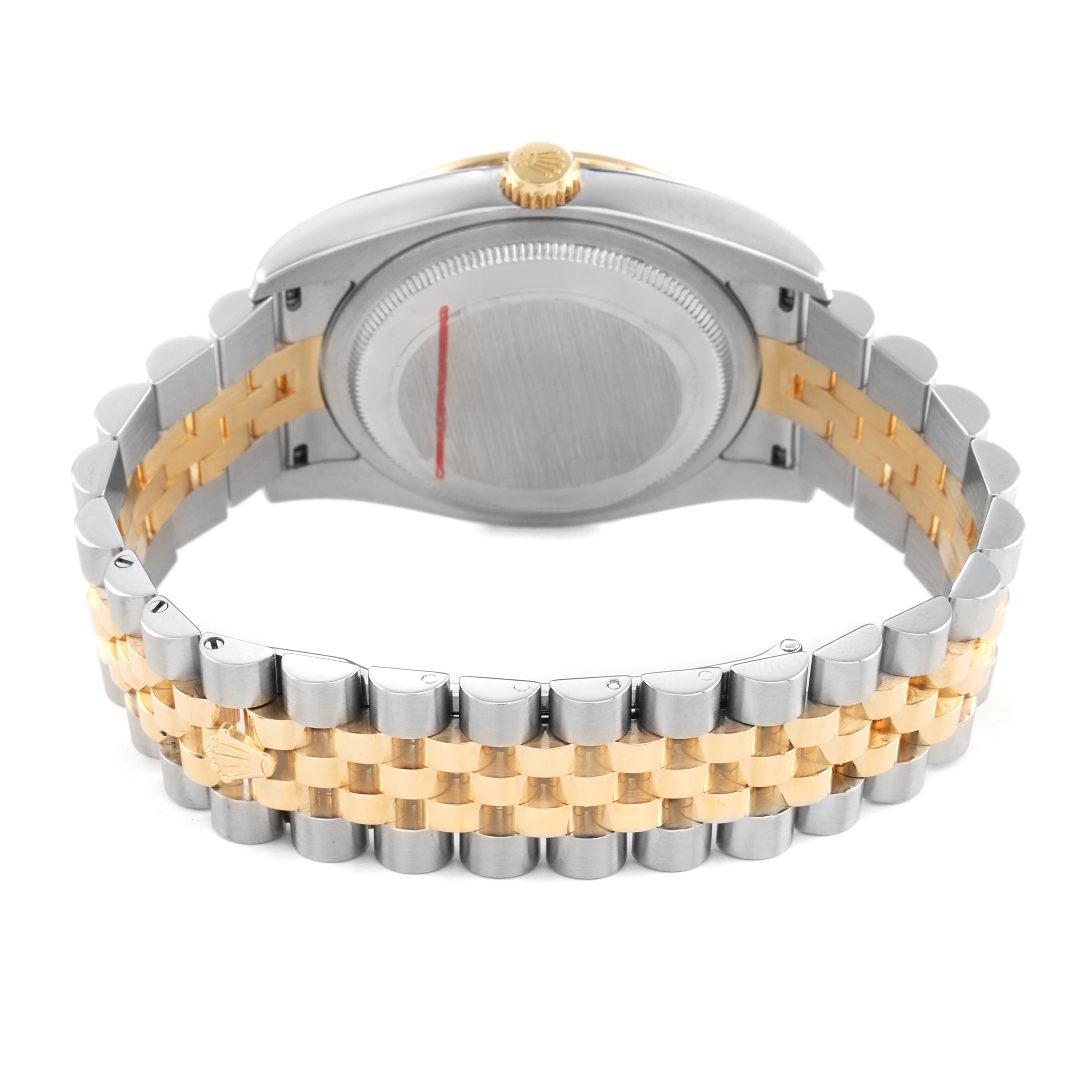 The image shows the back and side of a Rolex Datejust 116243 Men's Steel and Gold (two tone) Champagne Dial, highlighting the bracelet's gold and silver links and the case back.