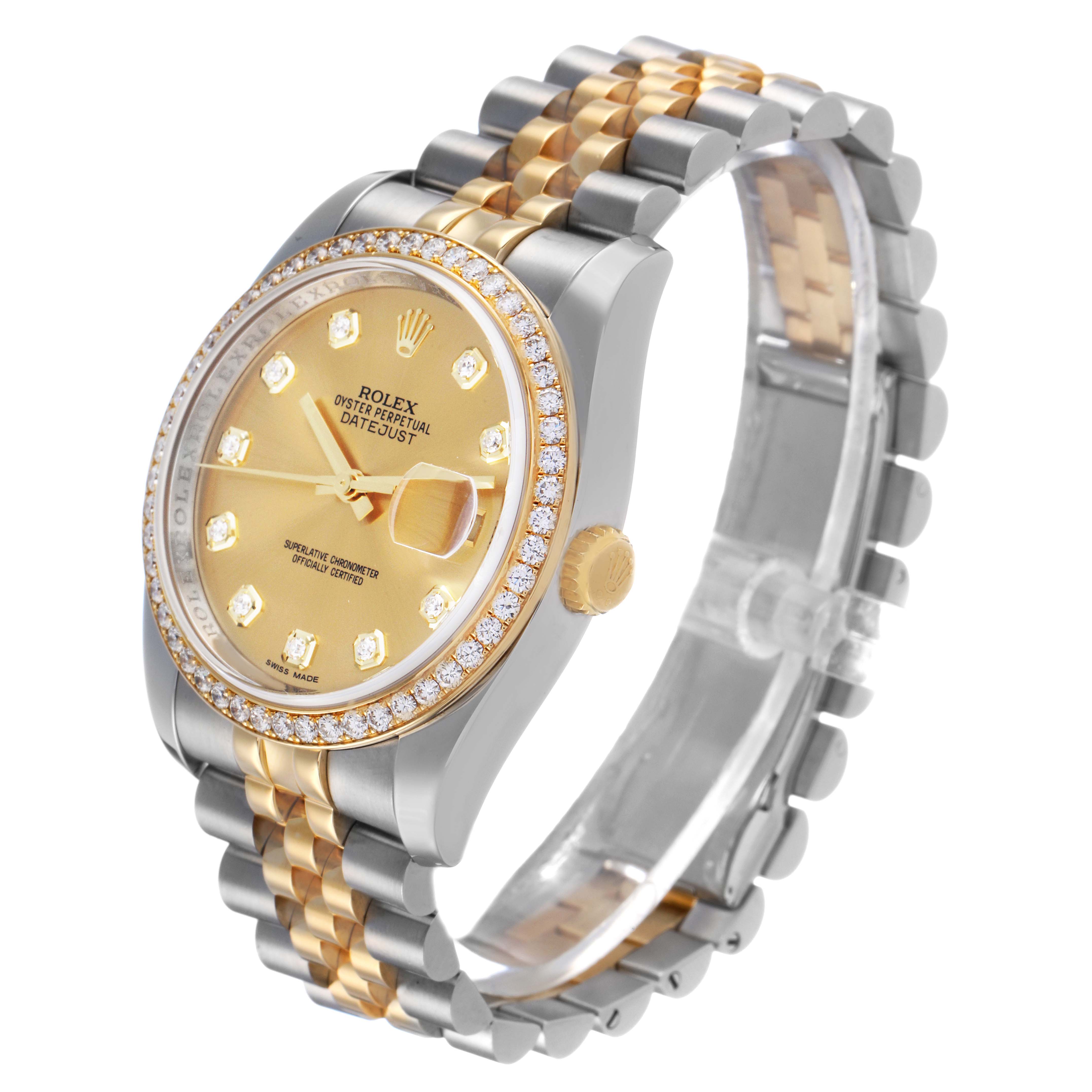 The Rolex Datejust 116243 Men's Steel and Gold (two tone) Champagne Dial watch is shown at an angle displaying the face, bezel, crown, and part of the bracelet.