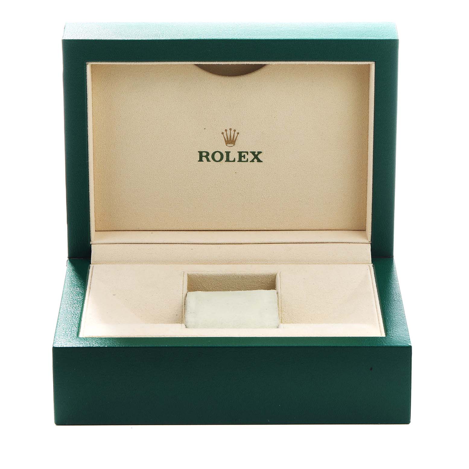 The image shows an open Rolex Datejust 116243 Men's Steel and Gold (two tone) Champagne Dial watch box with the lid upright, revealing the interior and brand logo.