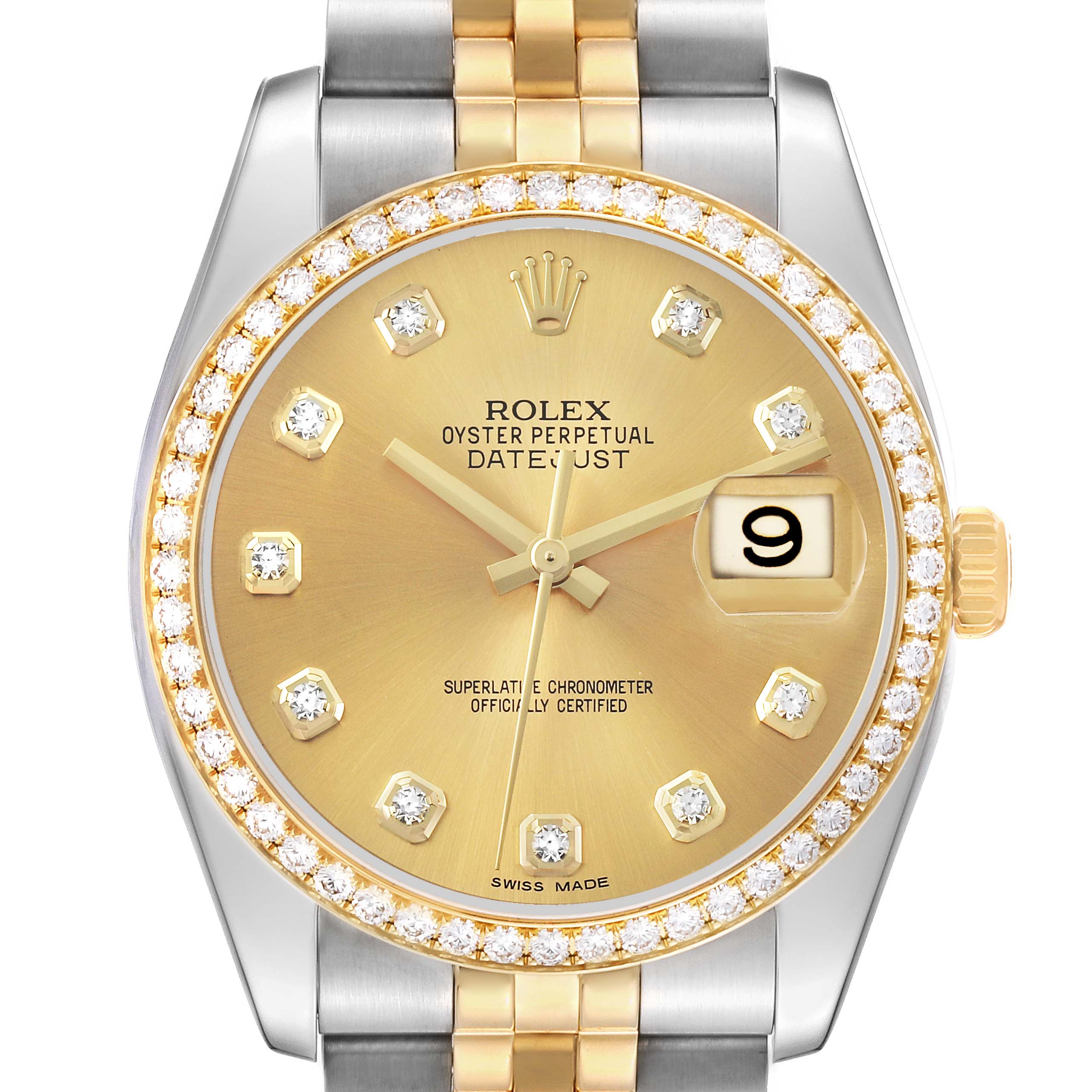 The Rolex Datejust 116243 Men's Steel and Gold (two tone) Champagne Dial watch is shown from the front, highlighting the face, bezel, hands, and part of the bracelet.