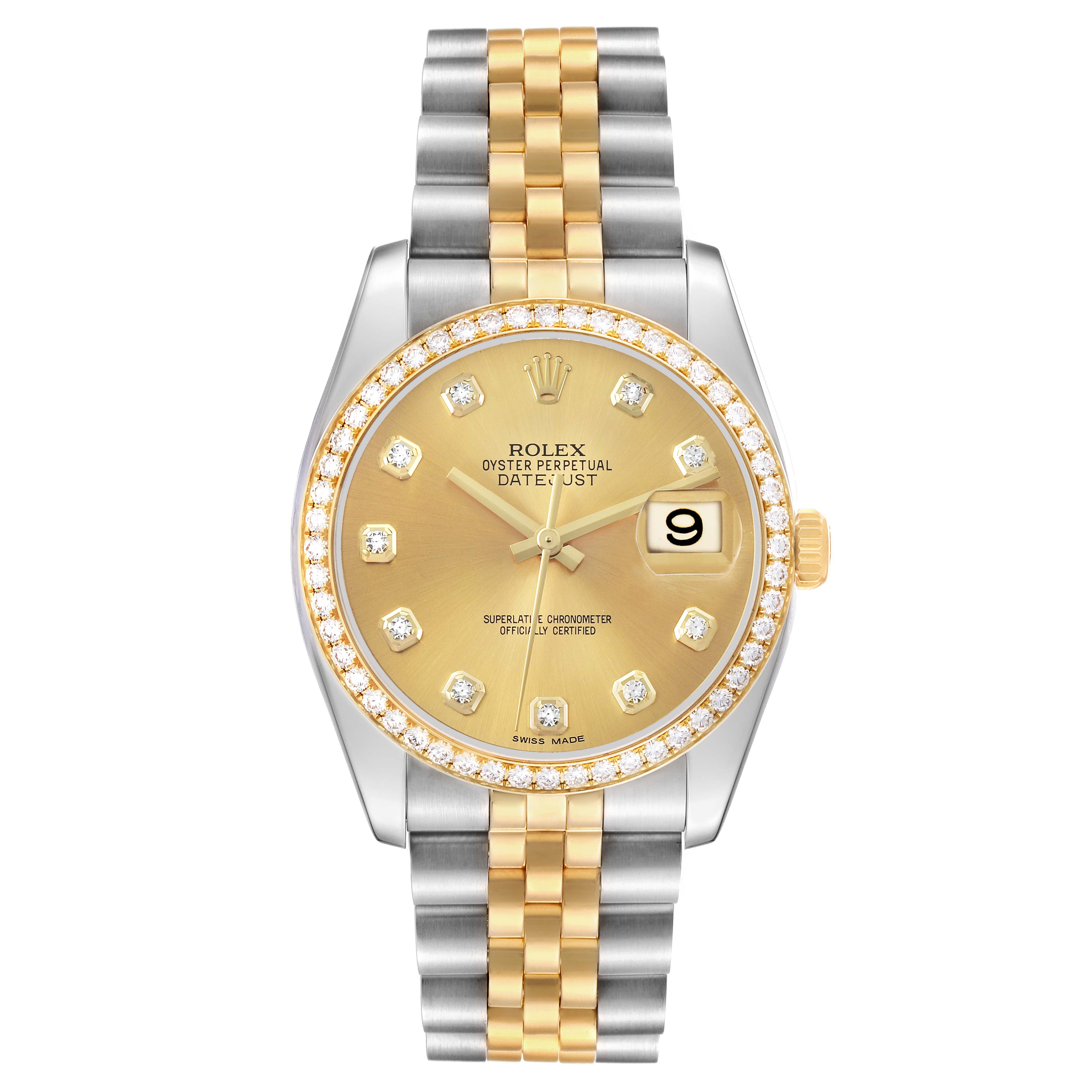 The Rolex Datejust 116243 Men's Steel and Gold (two tone) Champagne Dial watch is shown from the front, highlighting its two-tone bracelet, diamond bezel, and date display.