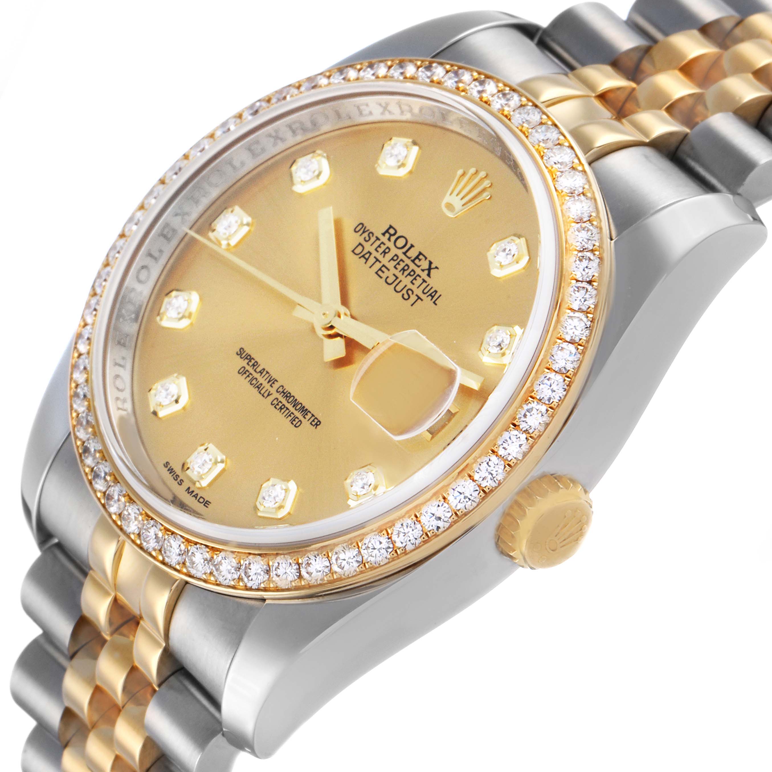 The Rolex Datejust 116243 Men's Steel and Gold (two tone) Champagne Dial watch is shown at an angled view, highlighting its gold and diamond bezel, dial, and two-tone bracelet.