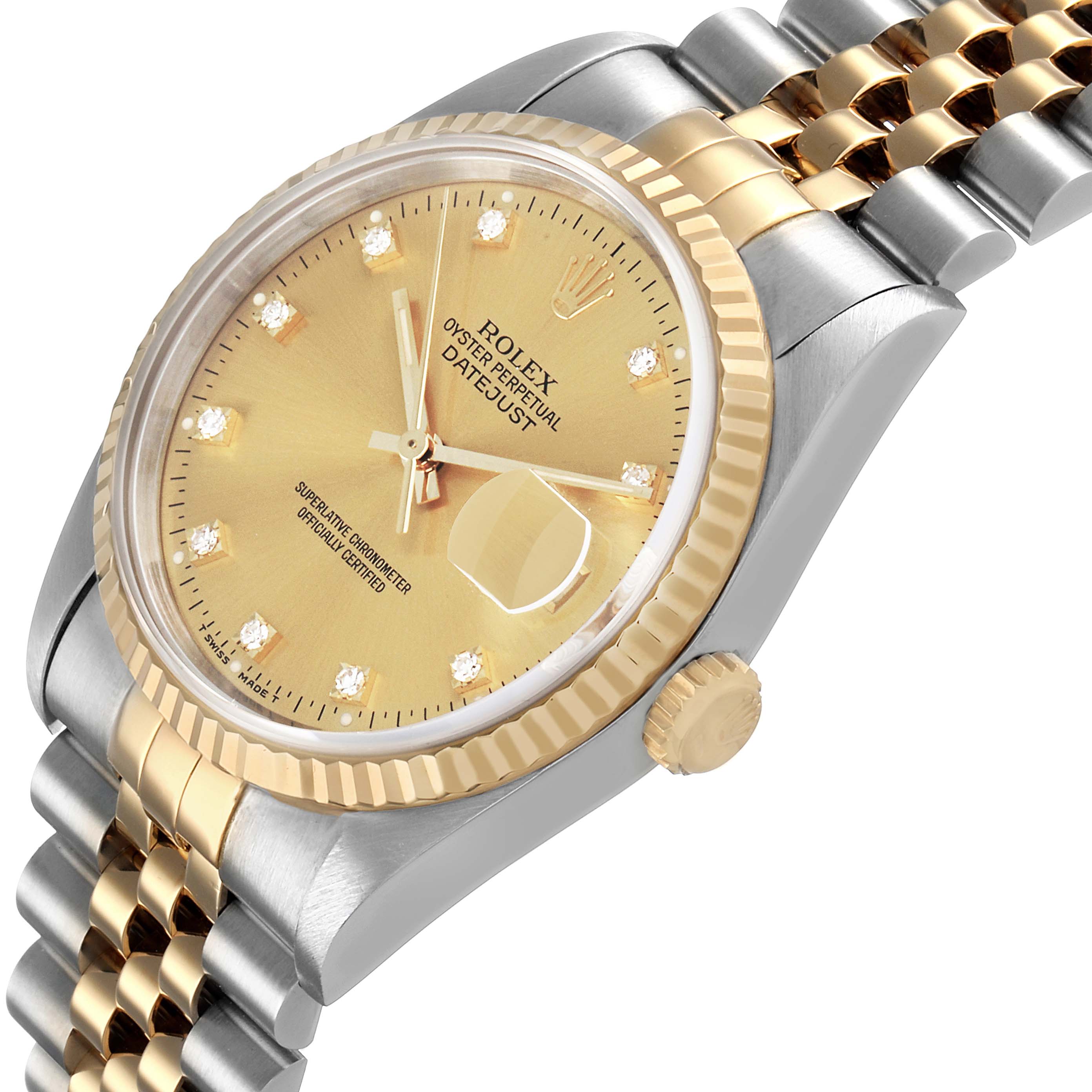 The Rolex Datejust 16233 Men's Stainless Steel Champagne Dial watch is shown at an angle highlighting its gold bezel, crown, dial, and two-tone bracelet.