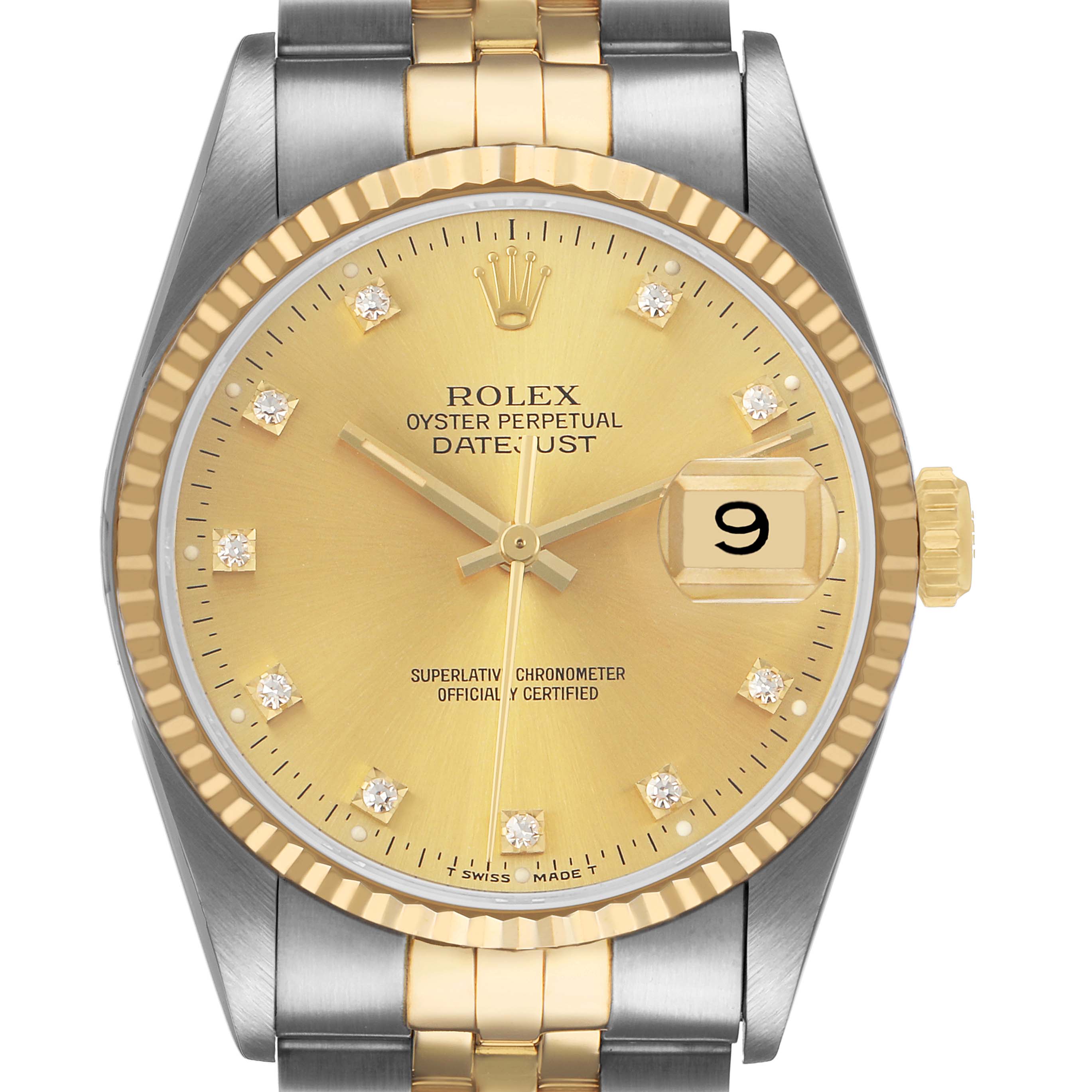 The Rolex Datejust 16233 Men's Stainless Steel Champagne Dial watch is shown from a front angle, highlighting the gold dial, diamond hour markers, cyclops date, and two-tone bracelet.