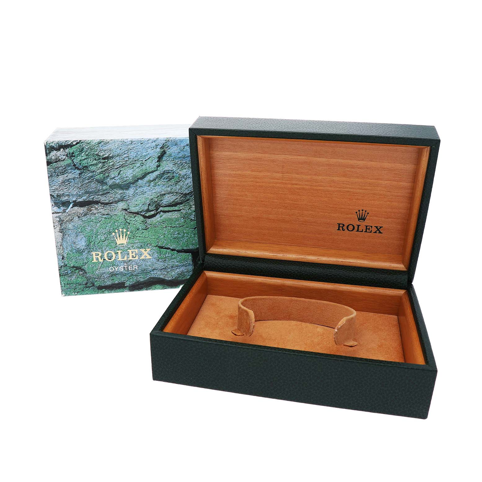 The image shows an open box for a Rolex Datejust 16233 Men's Stainless Steel Champagne Dial, with the outer cover and interior display slot visible.