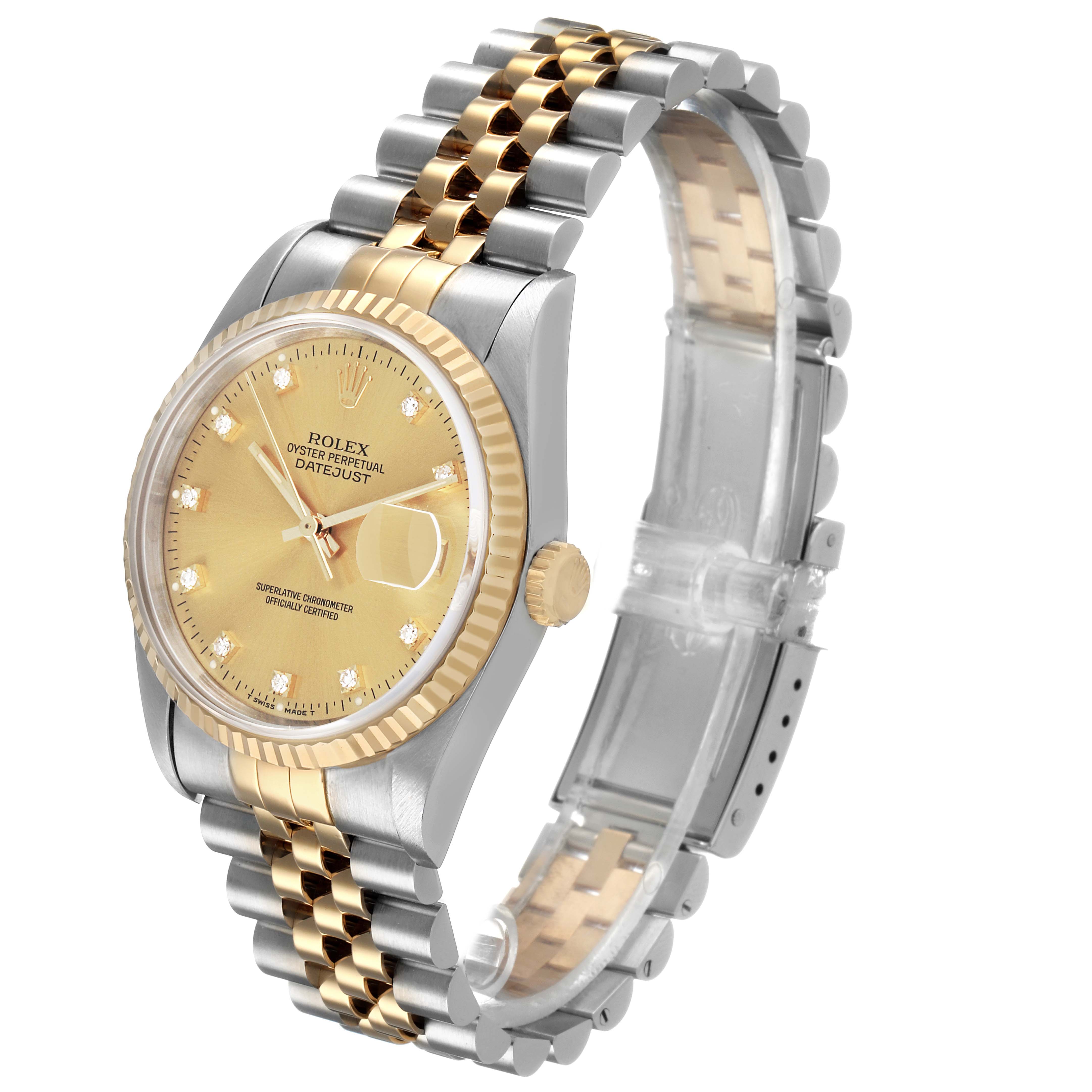The image shows a Rolex Datejust 16233 Men's Stainless Steel Champagne Dial watch at a slight side angle, featuring the dial, crown, and two-tone bracelet.