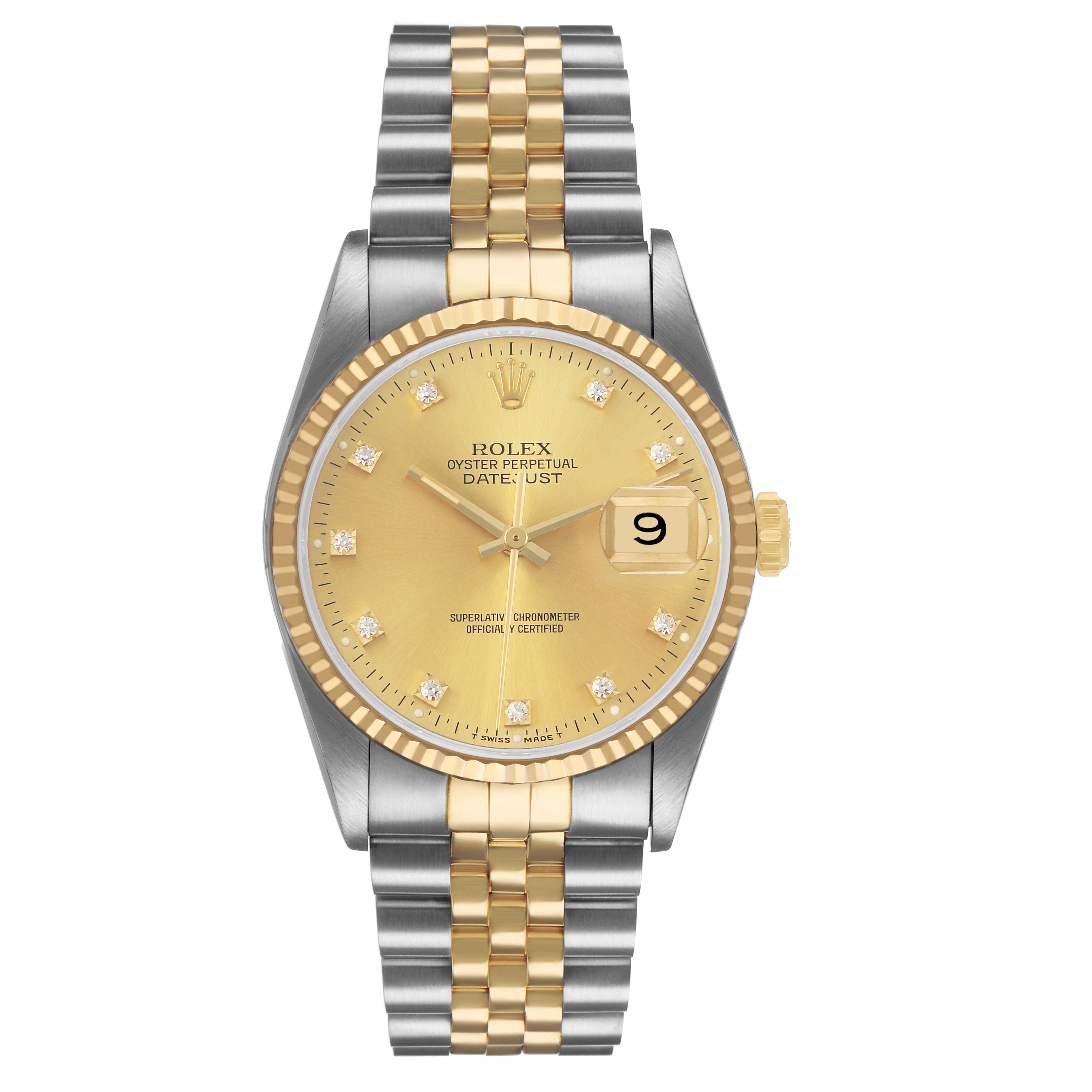 The Rolex Datejust 16233 Men's Stainless Steel Champagne Dial watch is shown from a front angle, displaying its gold dial, fluted bezel, and Jubilee bracelet.