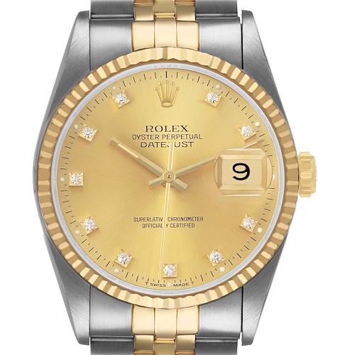 The Rolex Datejust 16233 Men's Stainless Steel Champagne Dial watch is shown from a front angle, highlighting the bezel, dial, and part of the bracelet.