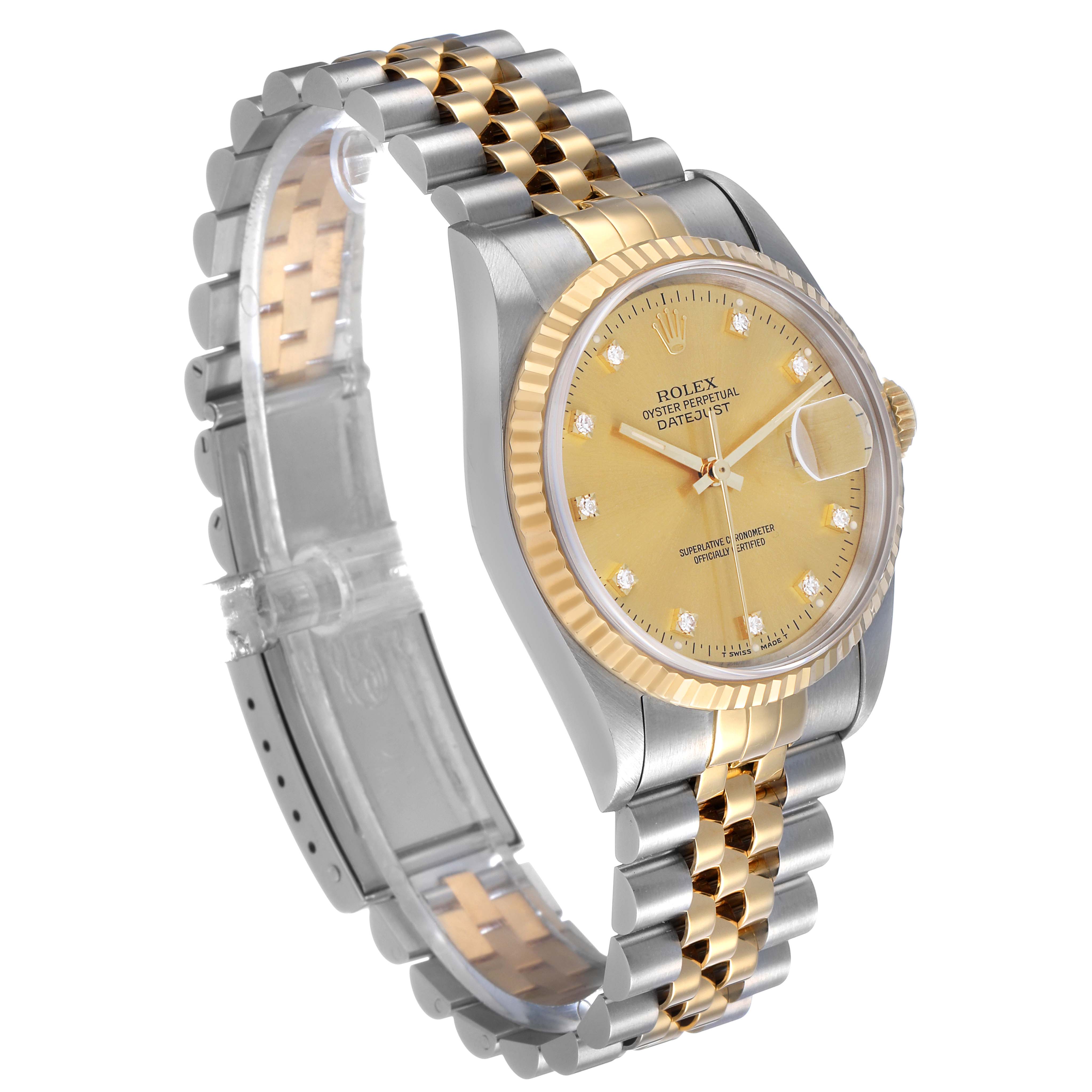 The Rolex Datejust 16233 Men's Stainless Steel Champagne Dial watch is shown from a side angle, displaying the two-tone bracelet and the face with a gold bezel.
