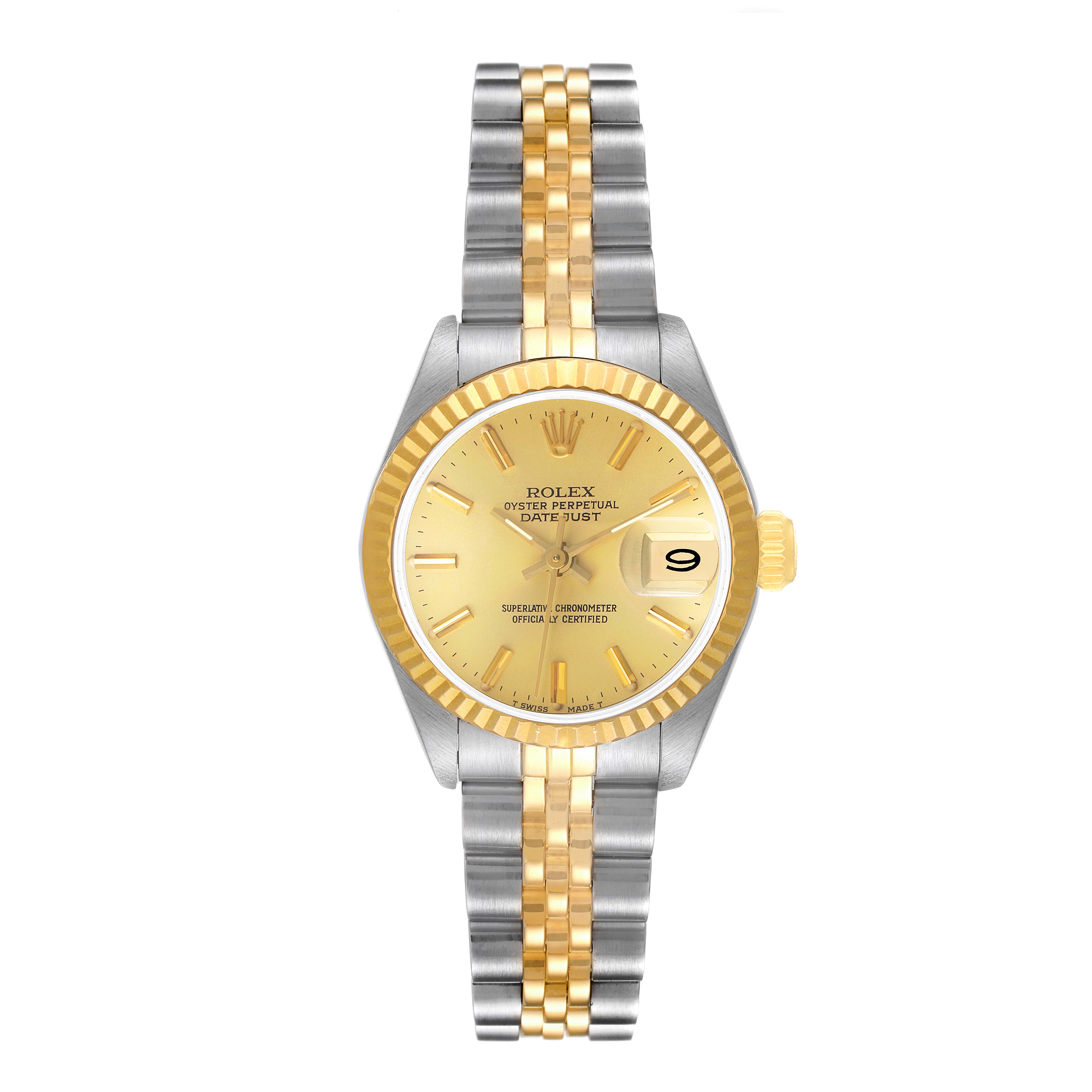 The Rolex Datejust 69173 Women
s Steel and Gold (two tone) Champagne Dial 69173 Women
s Steel and Gold (two tone) Champagne Dial watch is shown from a straight-on angle, displaying its two-tone bracelet, case, dial, and fluted bezel.