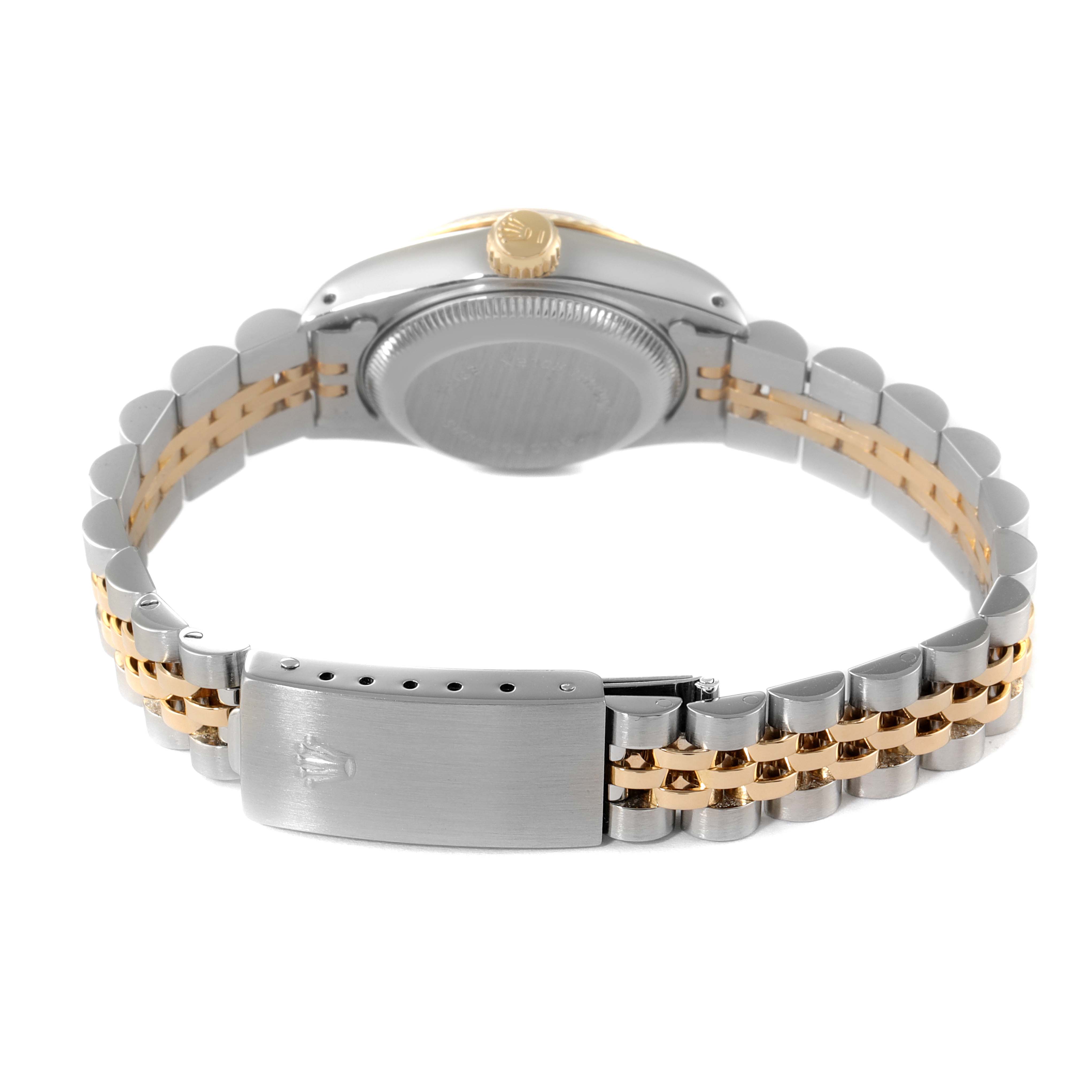 This image shows the backside of the Rolex Datejust 69173 Women
s Steel and Gold (two tone) Champagne Dial 69173 Women
s Steel and Gold (two tone) Champagne Dial watch, featuring its jubilee bracelet and folding clasp.