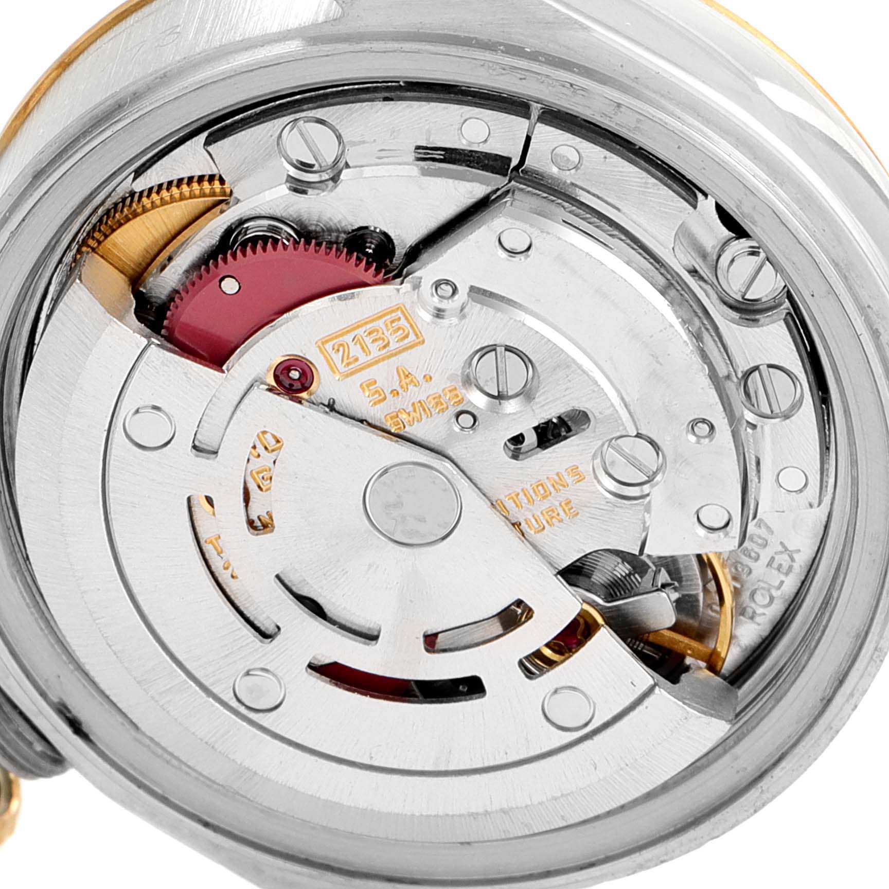 This image shows the internal mechanism and movement parts of a Rolex Datejust 69173 Women
s Steel and Gold (two tone) Champagne Dial 69173 Women
s Steel and Gold (two tone) Champagne Dial watch.