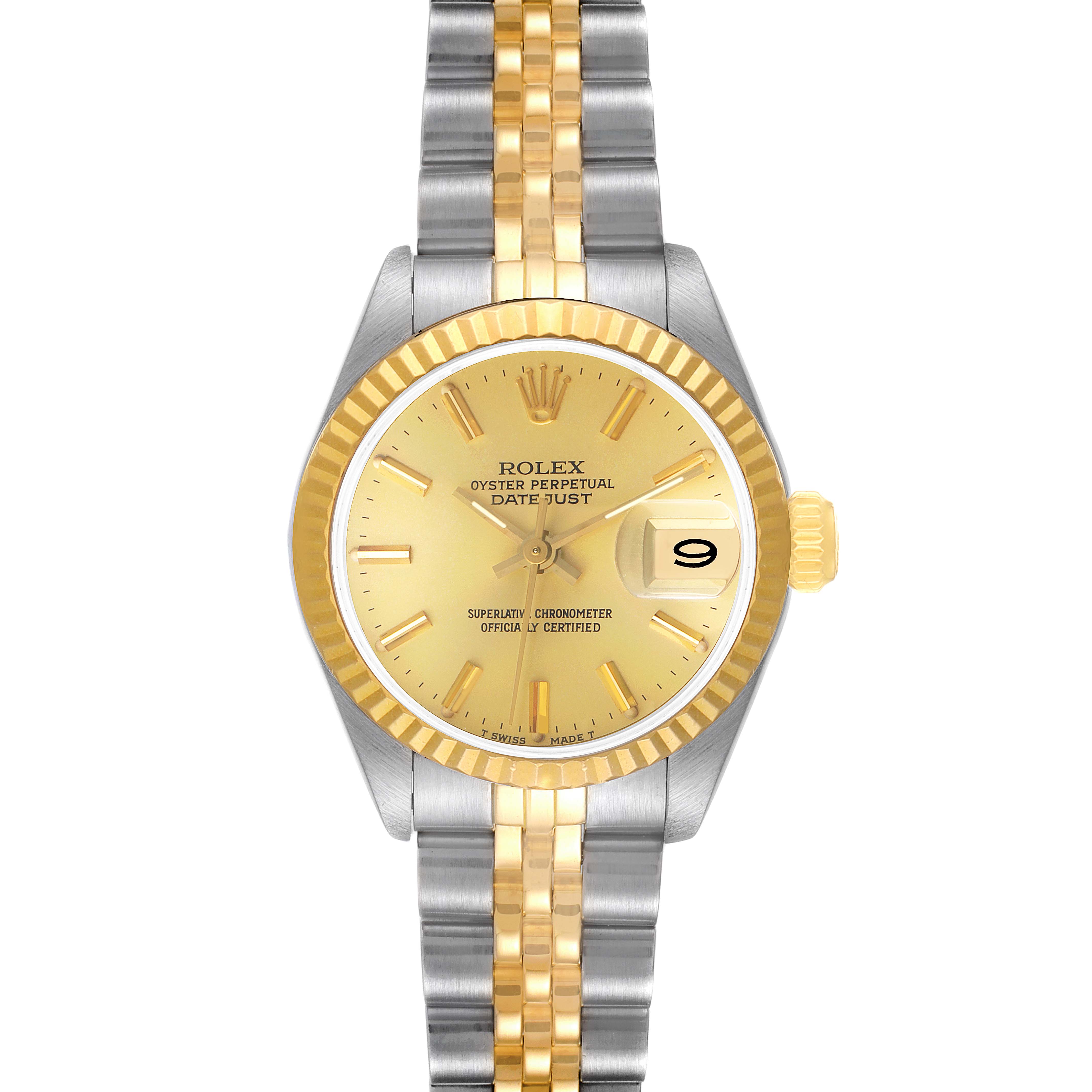 The image displays a Rolex Datejust 69173 Women
s Steel and Gold (two tone) Champagne Dial 69173 Women
s Steel and Gold (two tone) Champagne Dial watch, showing the face, bezel, and bracelet from a top-down angle.