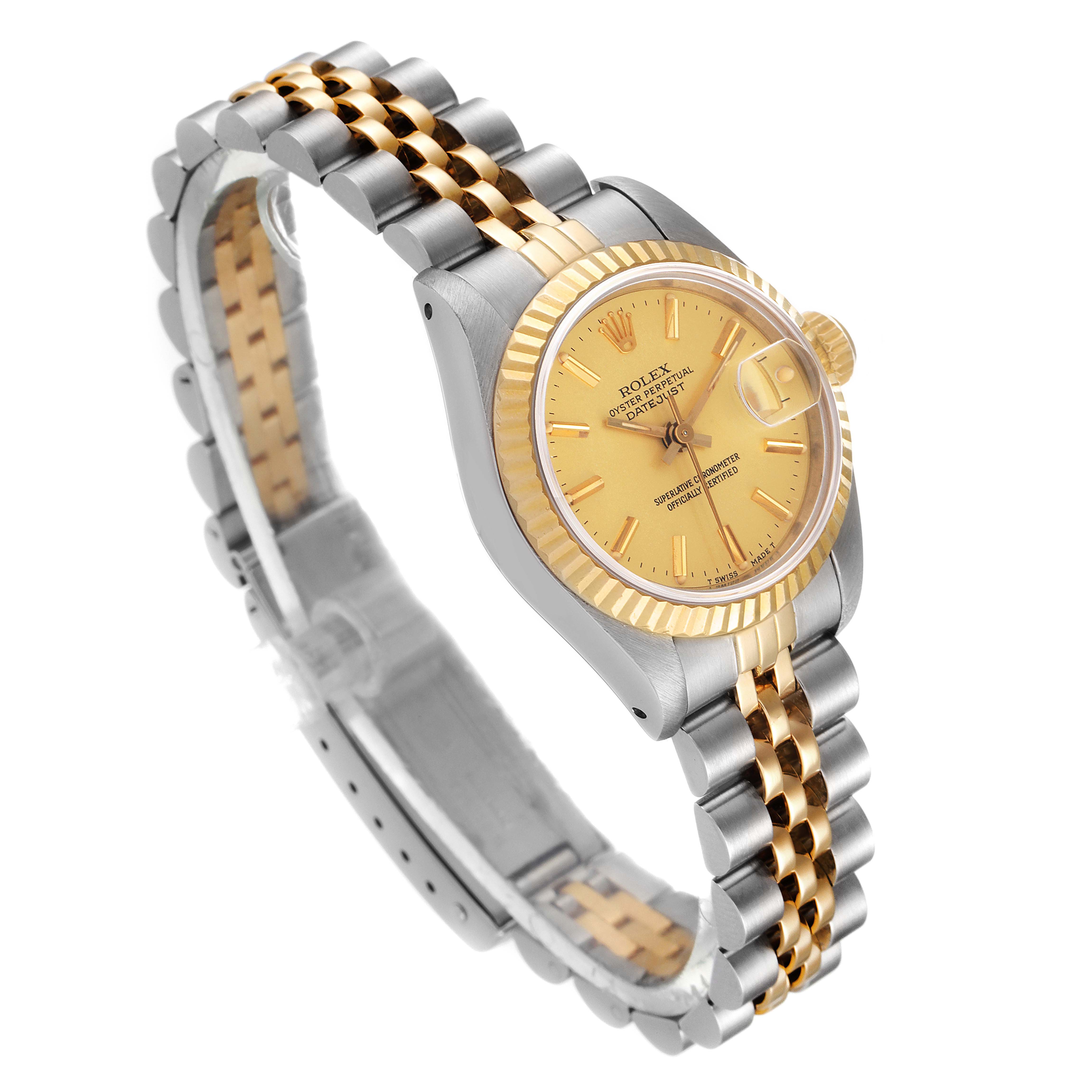 This image shows a Rolex Datejust 69173 Women
s Steel and Gold (two tone) Champagne Dial 69173 Women
s Steel and Gold (two tone) Champagne Dial watch angled slightly from the front, displaying the dial, fluted bezel, and two-tone bracelet.
