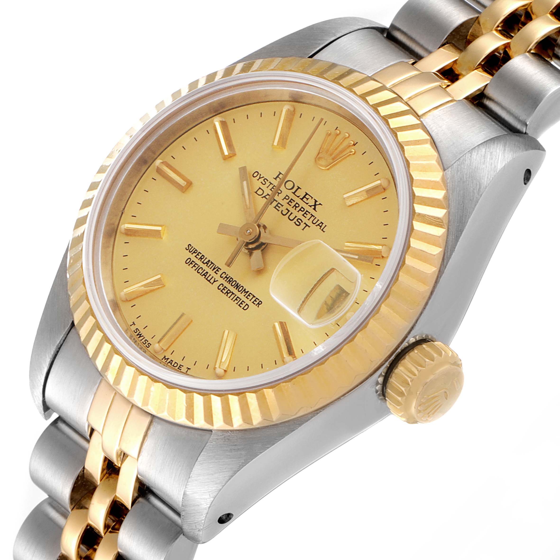 The Rolex Datejust 69173 Women
s Steel and Gold (two tone) Champagne Dial 69173 Women
s Steel and Gold (two tone) Champagne Dial watch is shown from an oblique angle, displaying the face, fluted bezel, crown, and part of the two-tone bracelet.