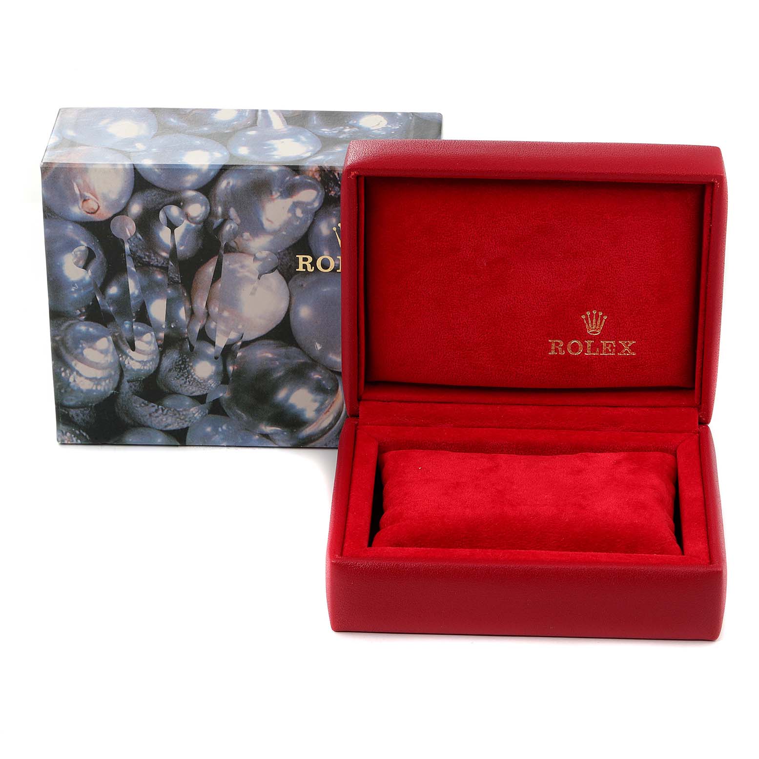 The image shows a red Rolex Datejust 69173 Women
s Steel and Gold (two tone) Champagne Dial 69173 Women
s Steel and Gold (two tone) Champagne Dial watch box with its cushion and an accompanying decorative outer box.