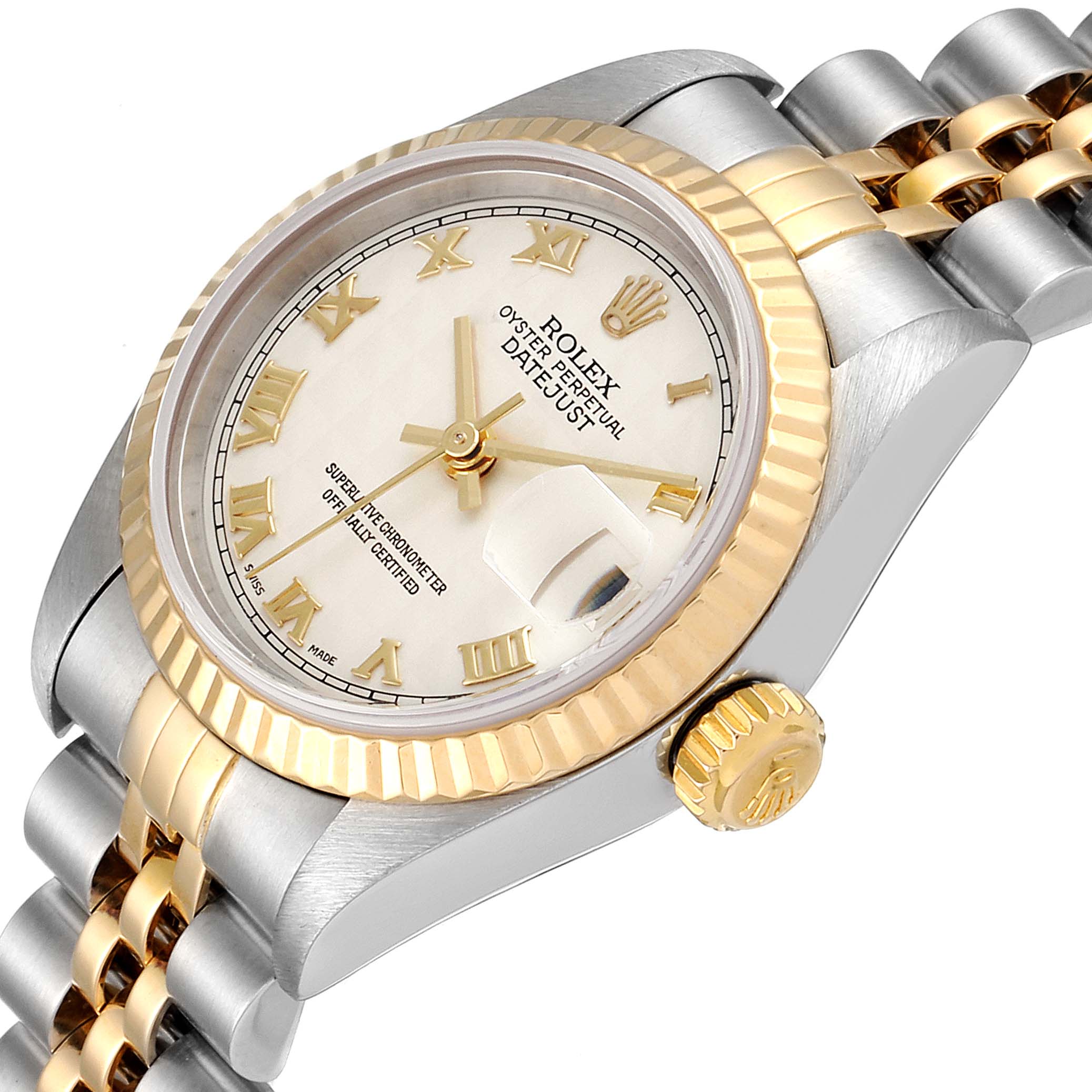 This Rolex Datejust 79173 Women's Steel and Gold (two tone) Silver Dial 79173 Women's Steel and Gold (two tone) Silver Dial watch is shown at a three-quarter angle, displaying the dial, bezel, crown, and part of the bracelet.