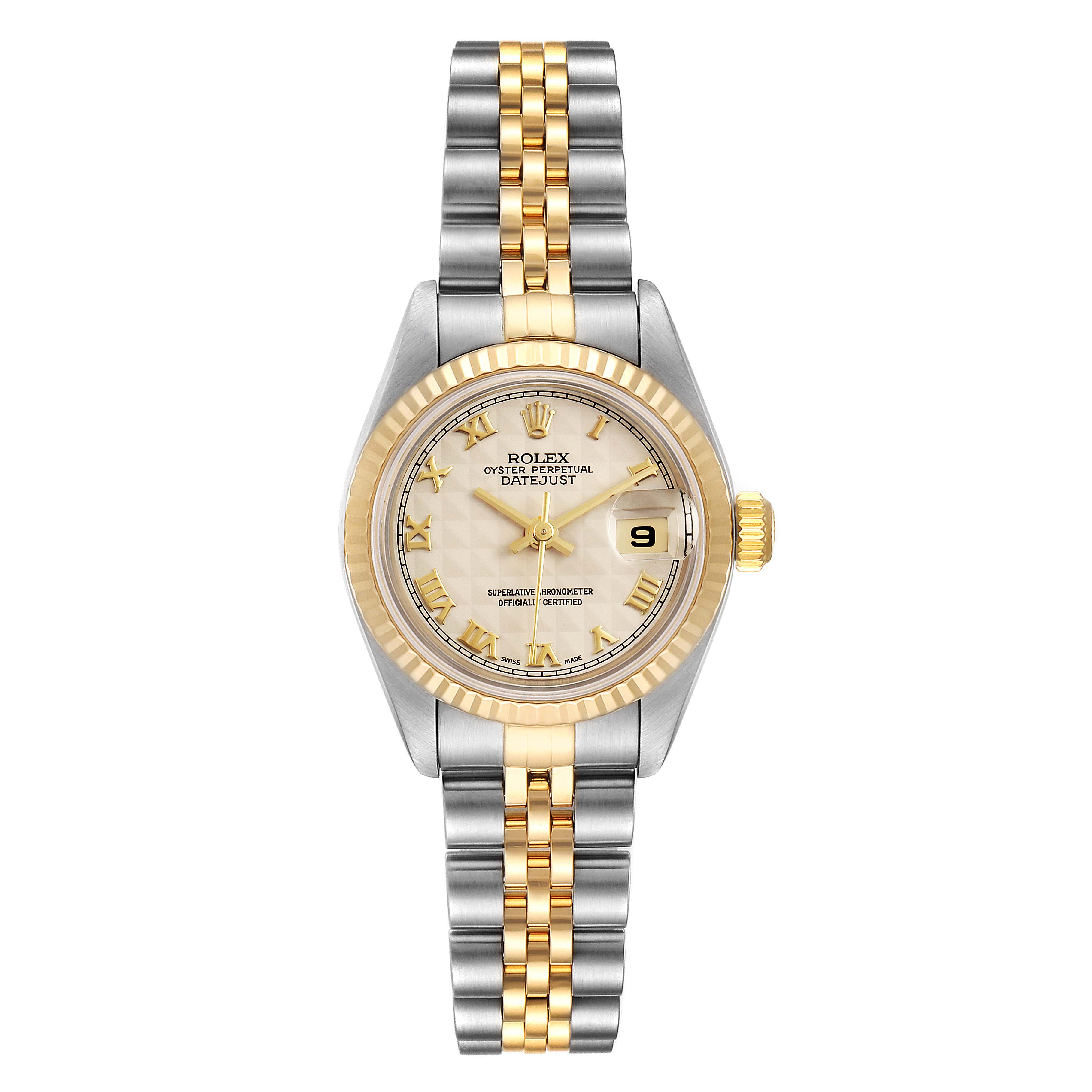 This image shows a frontal view of a Rolex Datejust 79173 Women's Steel and Gold (two tone) Silver Dial 79173 Women's Steel and Gold (two tone) Silver Dial watch, featuring its dial, bezel, crown, and two-tone bracelet.