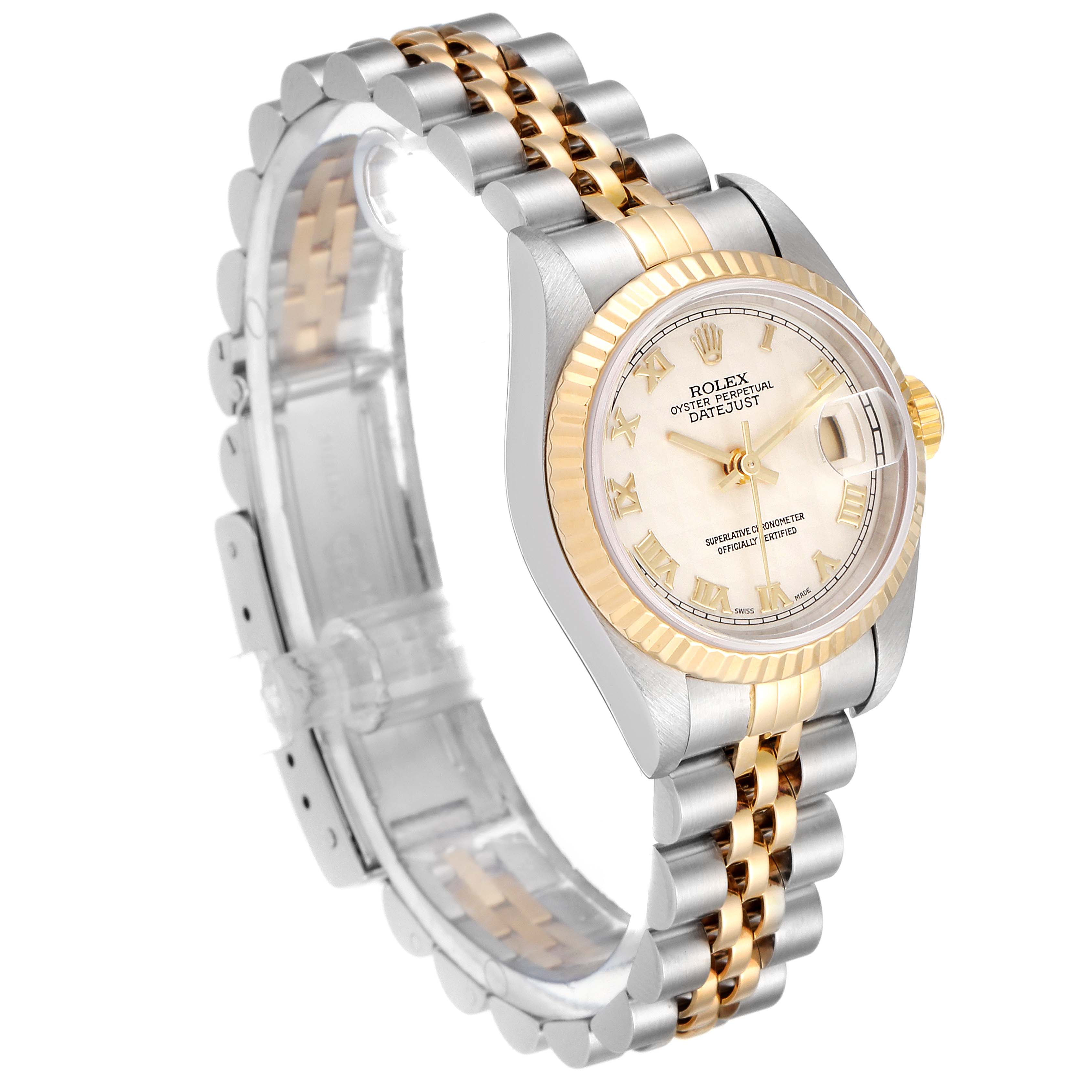 The Rolex Datejust 79173 Women's Steel and Gold (two tone) Silver Dial 79173 Women's Steel and Gold (two tone) Silver Dial watch is shown at a slight angle, highlighting the dial, bezel, and two-tone bracelet.