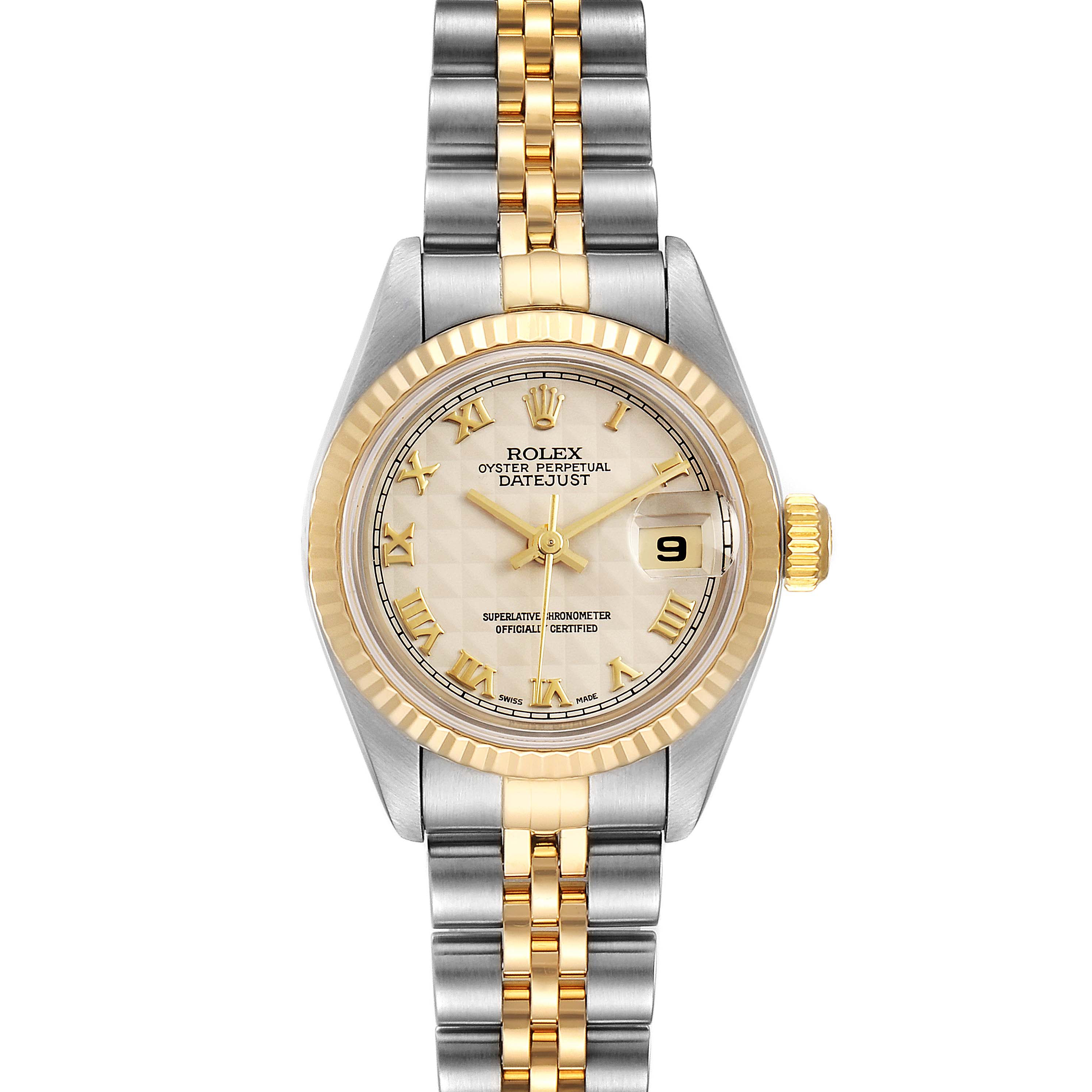 The image shows a front view of the Rolex Datejust 79173 Women's Steel and Gold (two tone) Silver Dial 79173 Women's Steel and Gold (two tone) Silver Dial watch, displaying its dial, bezel, and bracelet.