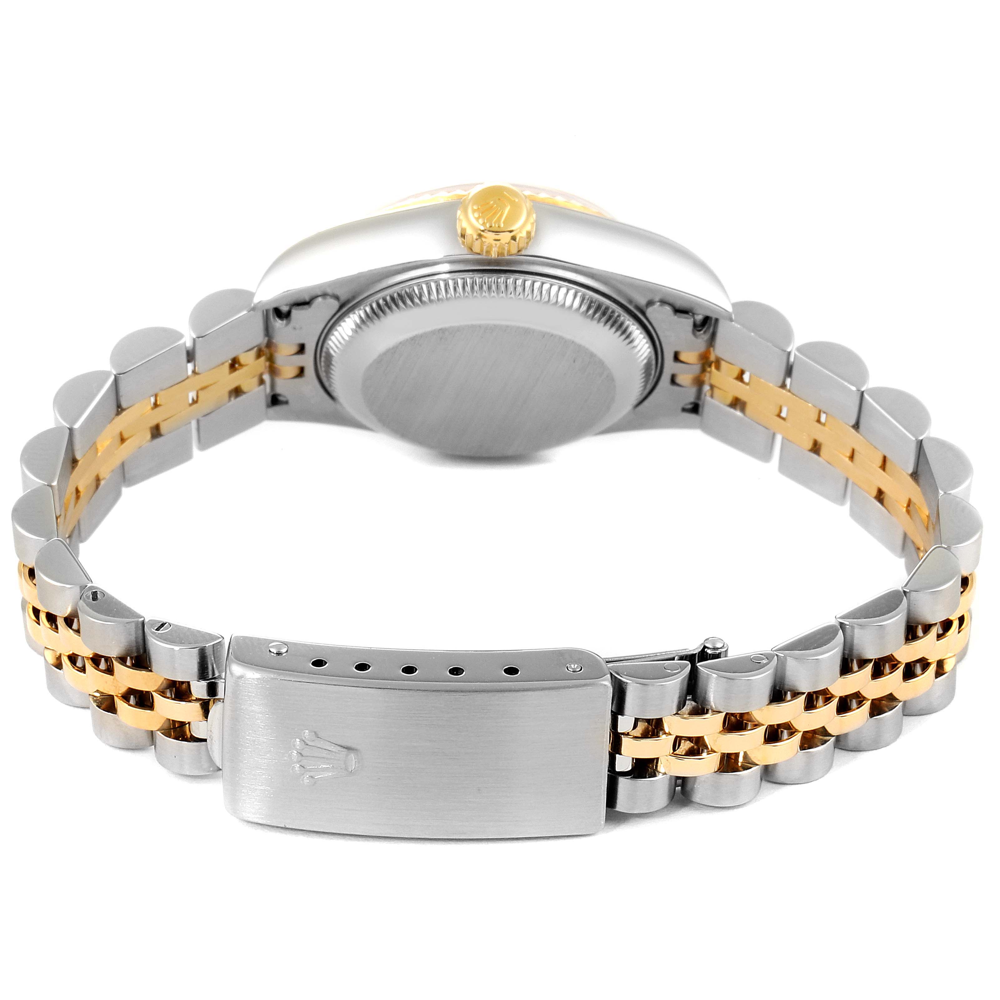 The image shows the back case and bracelet of a Rolex Datejust 79173 Women's Steel and Gold (two tone) Silver Dial 79173 Women's Steel and Gold (two tone) Silver Dial, highlighting the two-tone metal and clasp.