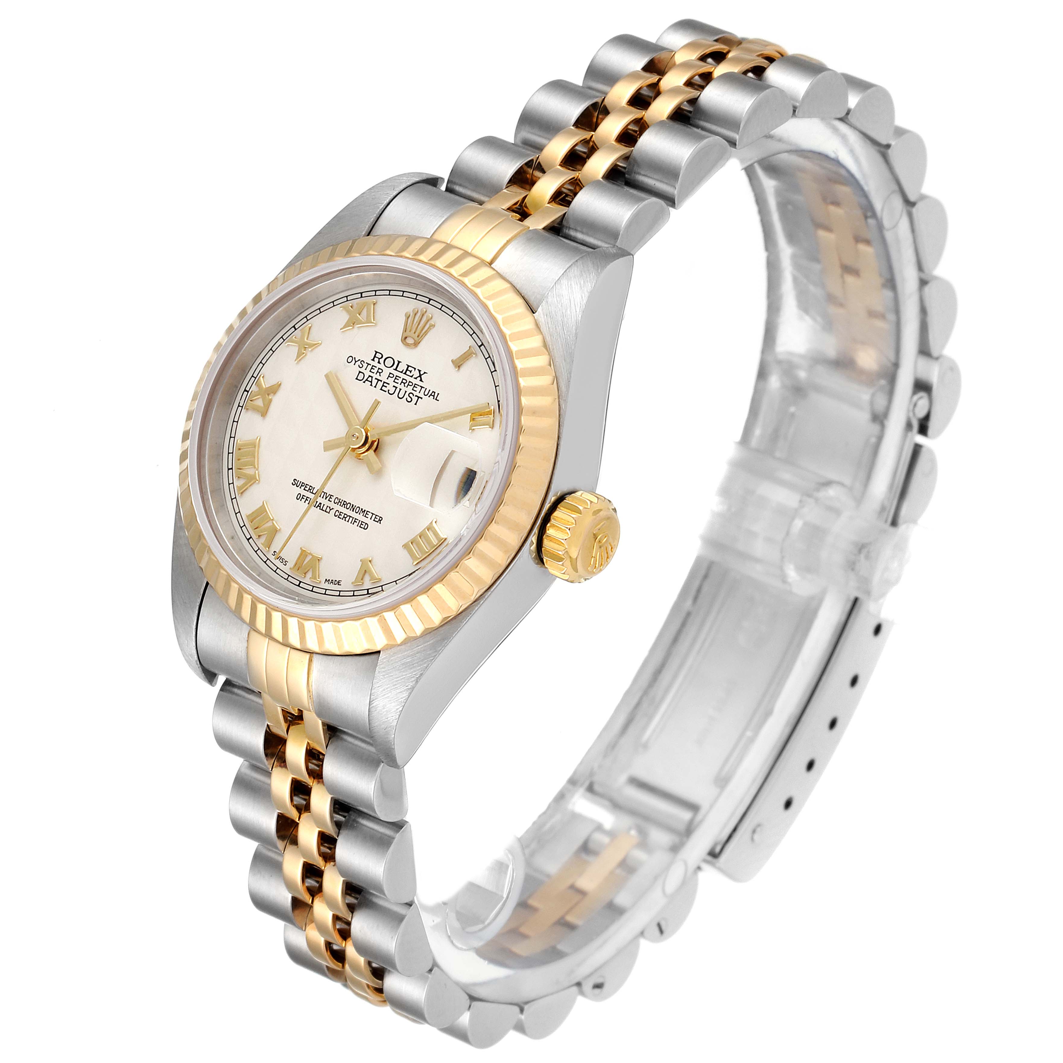 The image shows a Rolex Datejust 79173 Women's Steel and Gold (two tone) Silver Dial 79173 Women's Steel and Gold (two tone) Silver Dial watch at an angle displaying the face, bezel, crown, and bracelet.