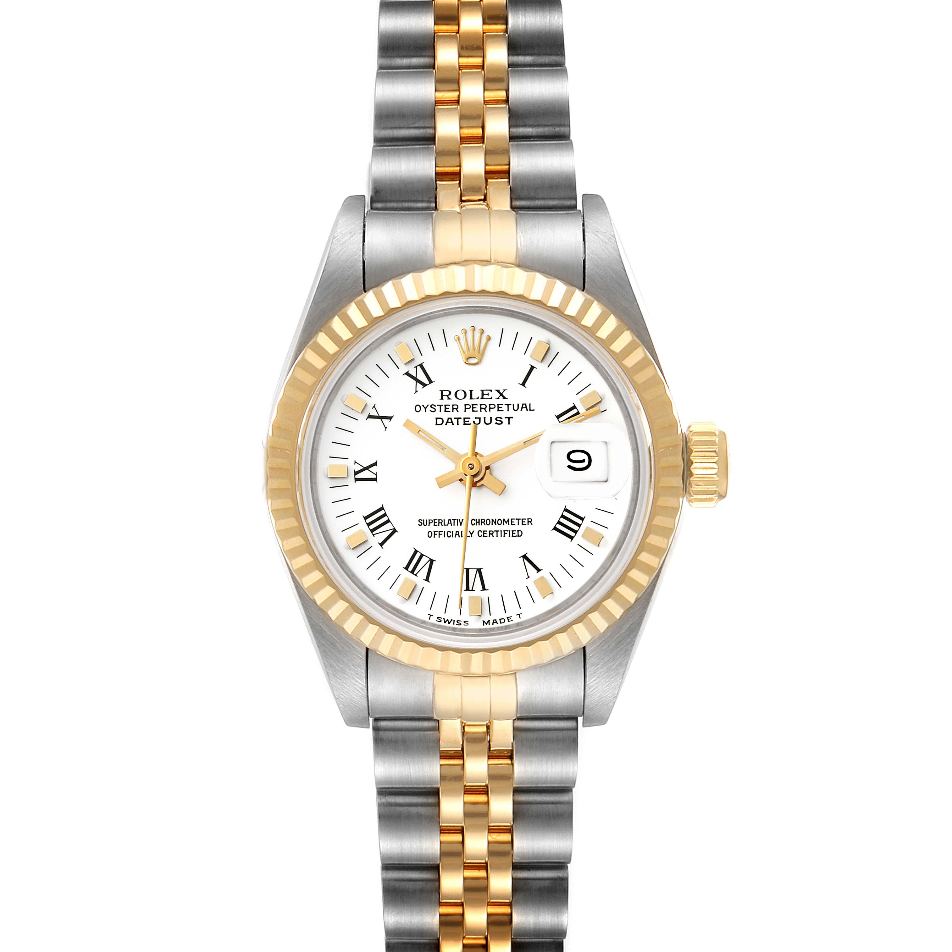 The image shows a Rolex Datejust 69173 Women's Steel and Gold (two tone) White Dial 69173 Women's Steel and Gold (two tone) White Dial watch from a front angle, highlighting its dial, bezel, and two-tone bracelet.