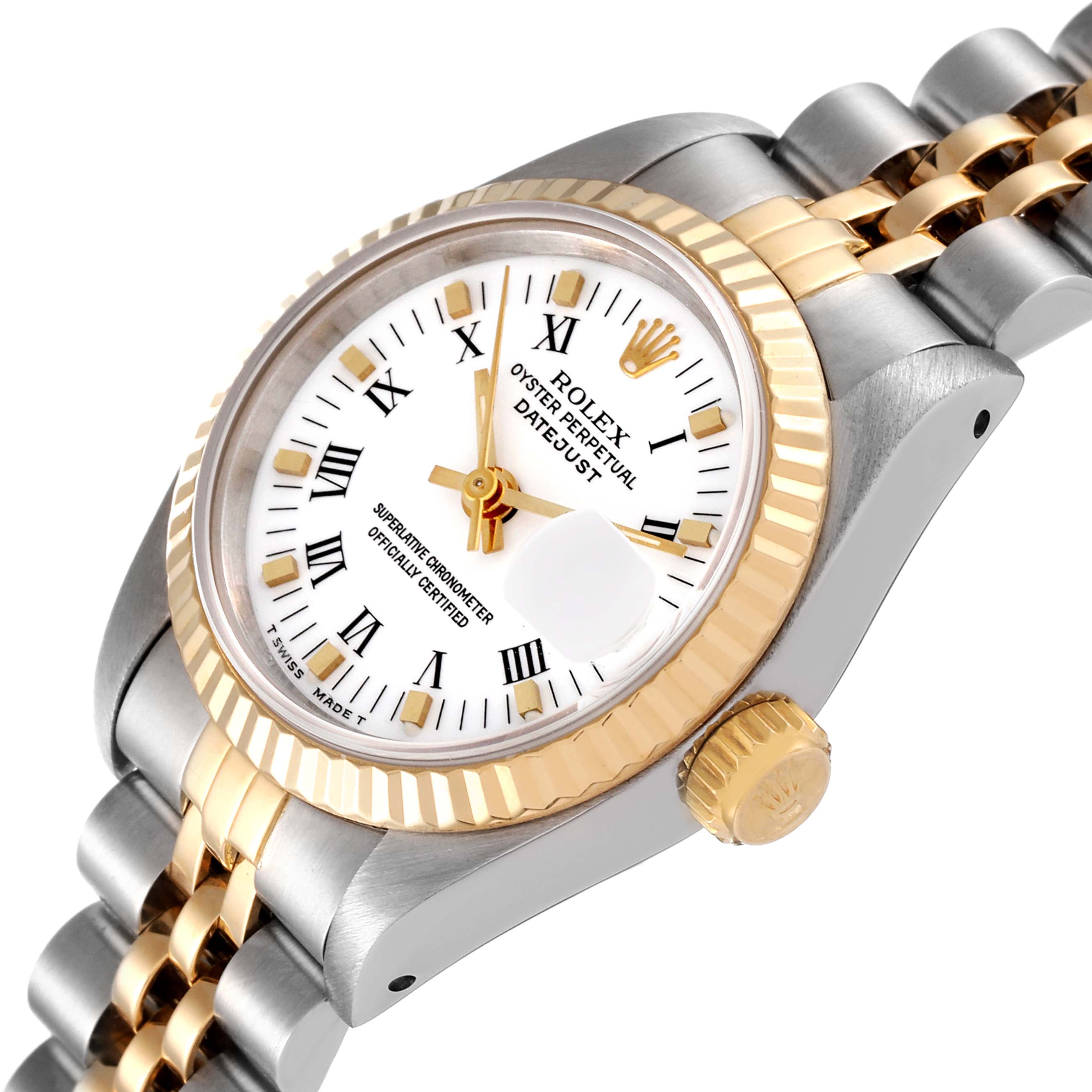 The image shows a Rolex Datejust 69173 Women's Steel and Gold (two tone) White Dial 69173 Women's Steel and Gold (two tone) White Dial watch from an angled view, highlighting the dial, bezel, crown, and bracelet.
