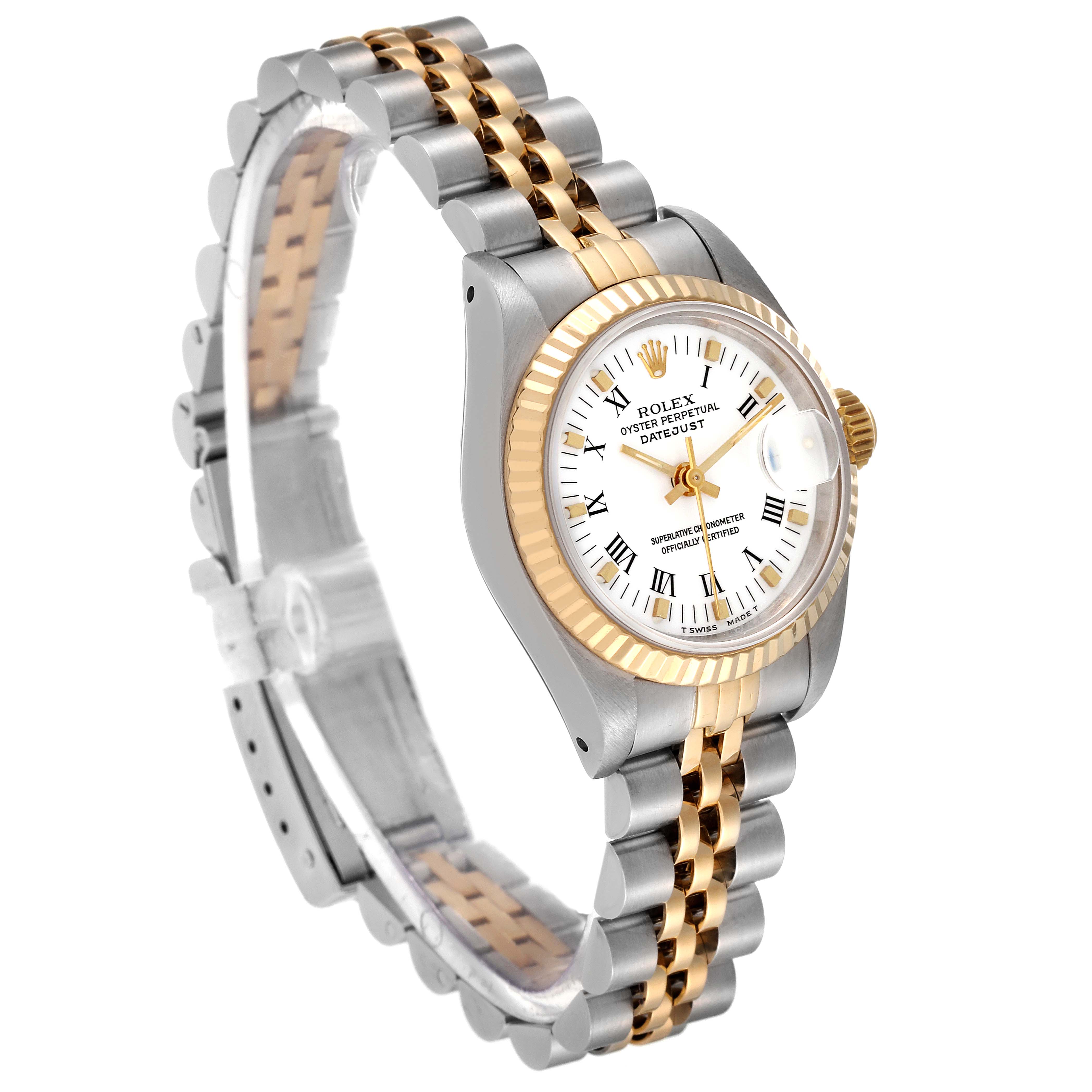 The image shows a Rolex Datejust 69173 Women's Steel and Gold (two tone) White Dial 69173 Women's Steel and Gold (two tone) White Dial watch at a slight angle, highlighting its dial, bezel, and bicolor bracelet.