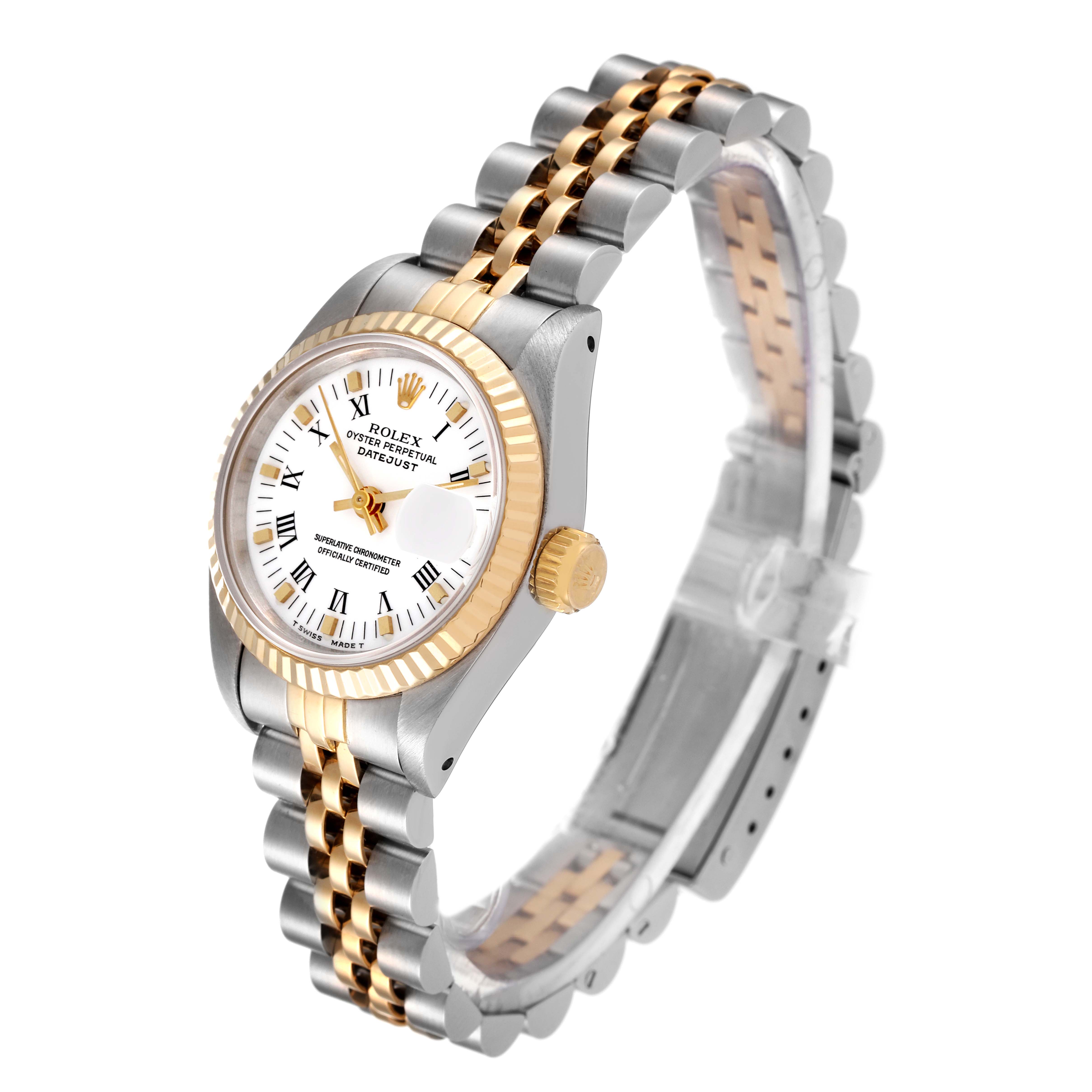 This image shows a Rolex Datejust 69173 Women's Steel and Gold (two tone) White Dial 69173 Women's Steel and Gold (two tone) White Dial watch from a side angle, focusing on its two-tone bracelet, crown, and dial.