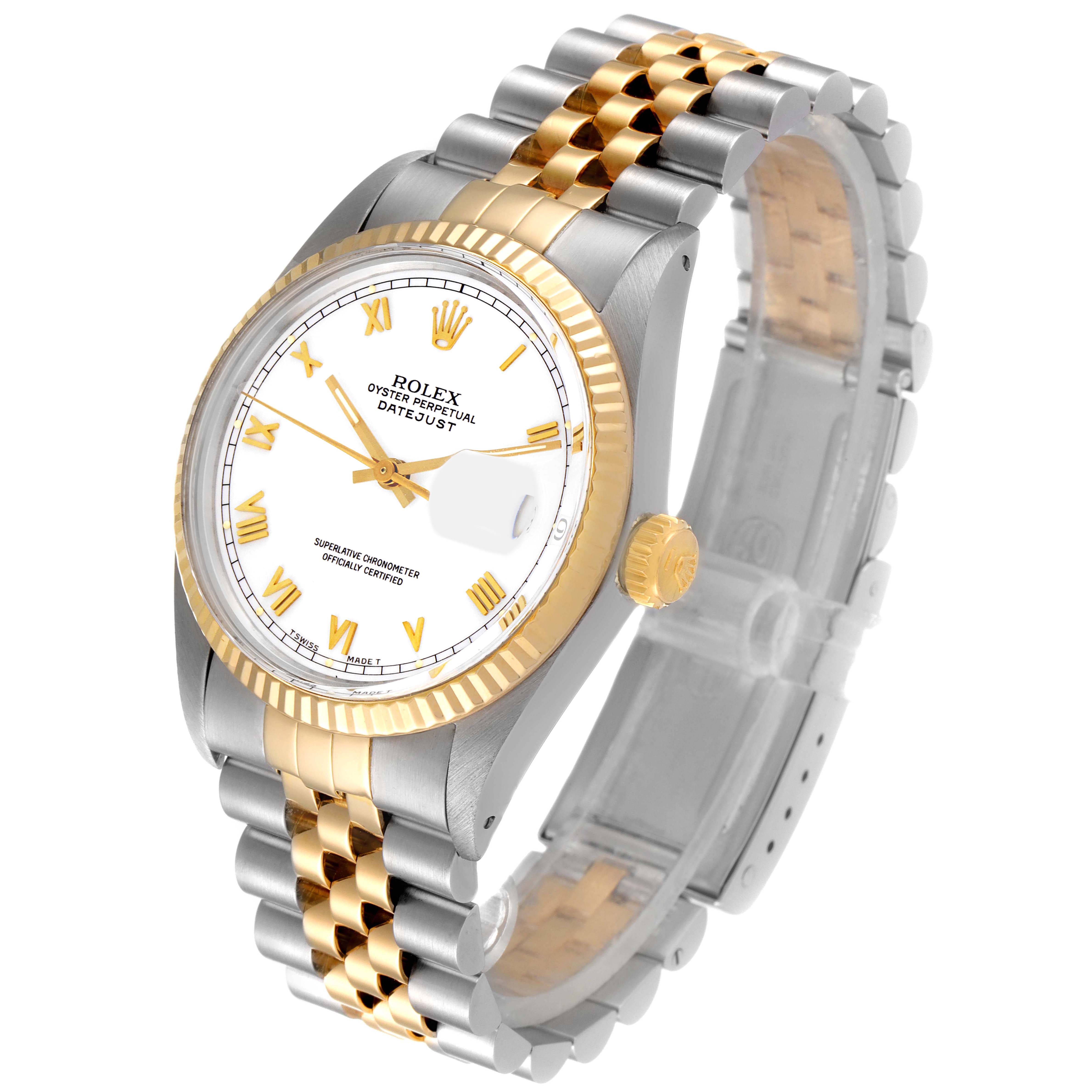 The image shows a Rolex Vintage Collection 16013 Men's Steel and Gold (two tone) White Dial 16013 Men's Steel and Gold (two tone) White Dial Datejust watch at a three-quarter angle, highlighting the watch face, bezel, crown, and bracelet.