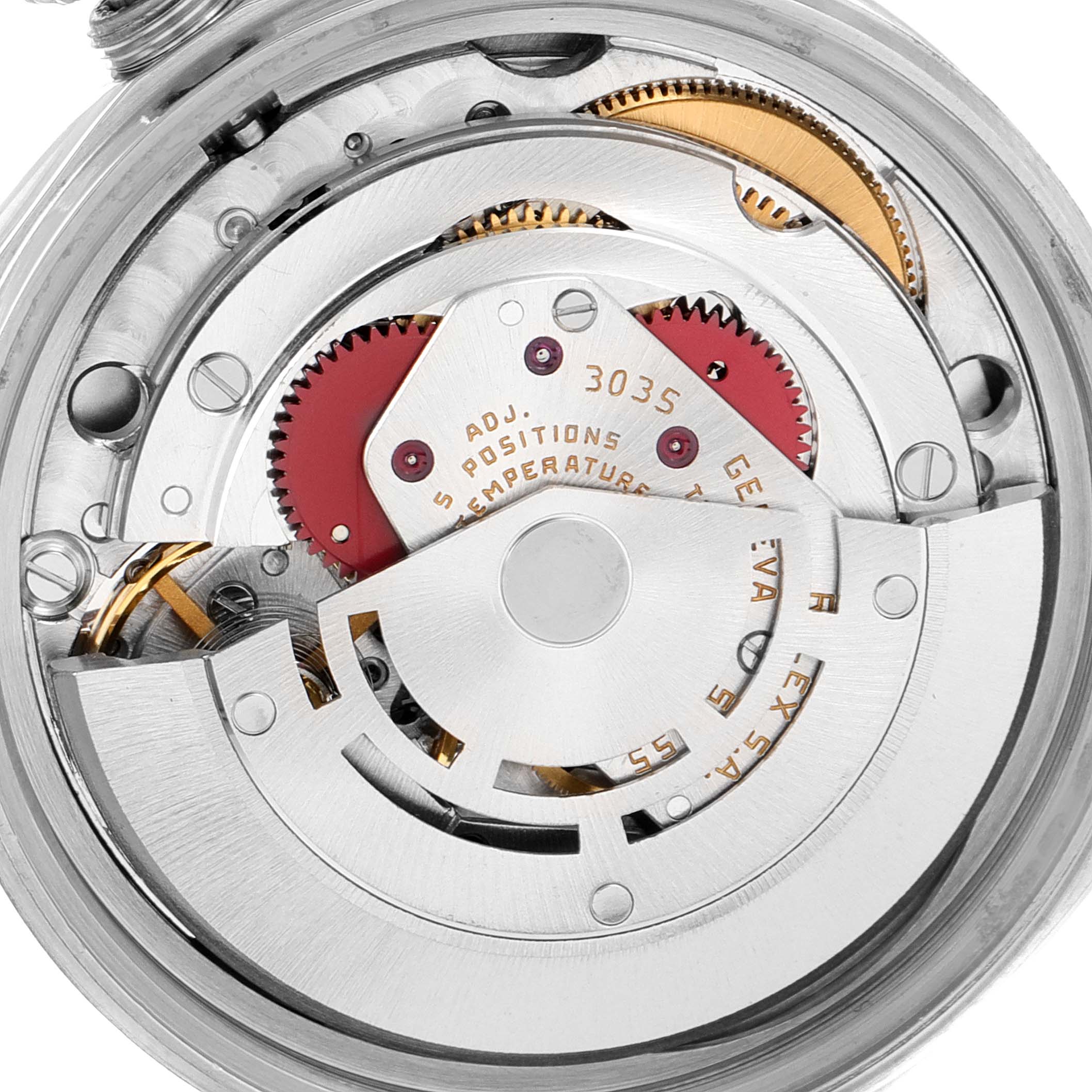 This image shows the intricate internal mechanism of the Rolex Vintage Collection 16013 Men's Steel and Gold (two tone) White Dial 16013 Men's Steel and Gold (two tone) White Dial model from a close-up, top-down angle.