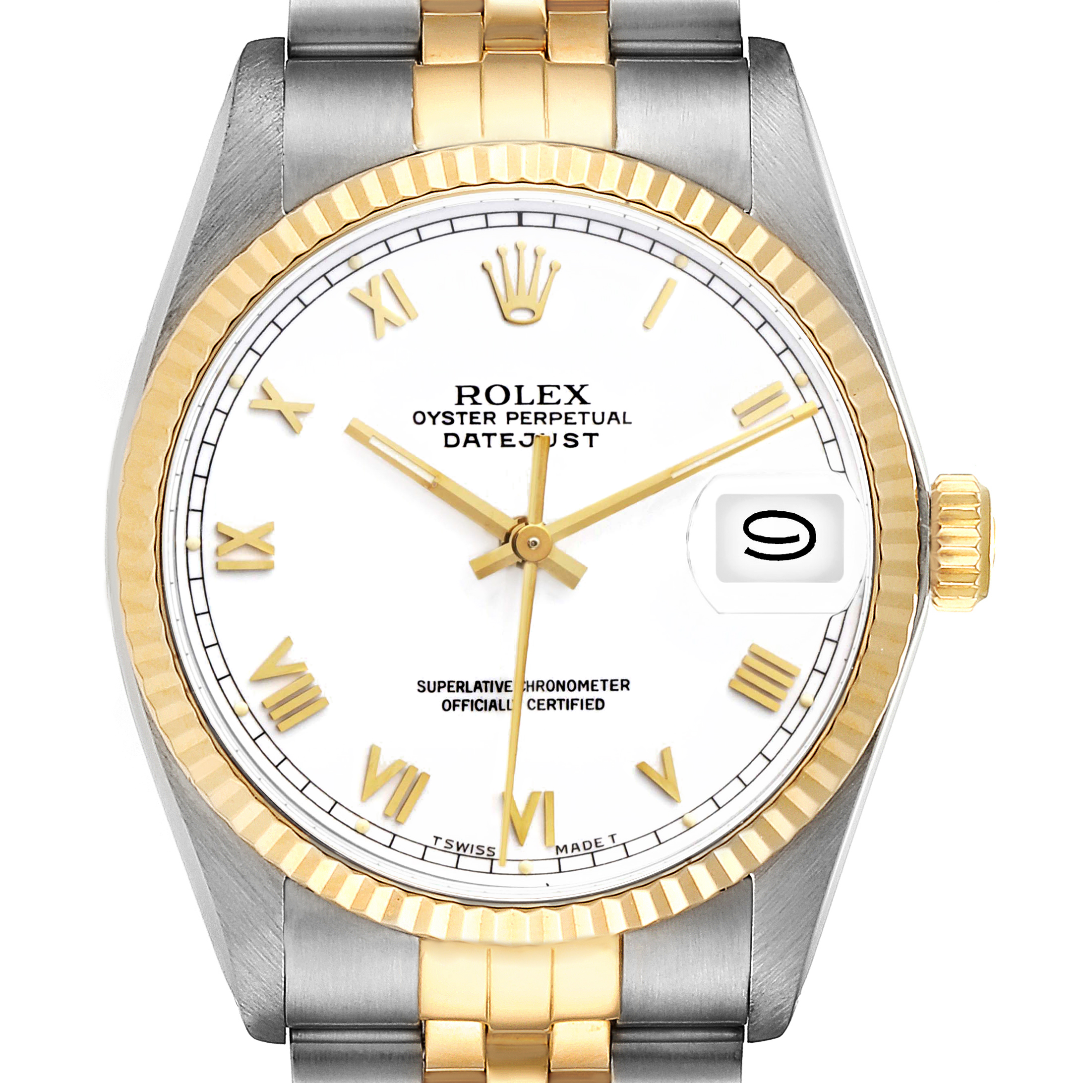 The image shows a front view of the Rolex Vintage Collection 16013 Men's Steel and Gold (two tone) White Dial 16013 Men's Steel and Gold (two tone) White Dial Oyster Perpetual Datejust watch, highlighting the face, bezel, and part of the bracelet.