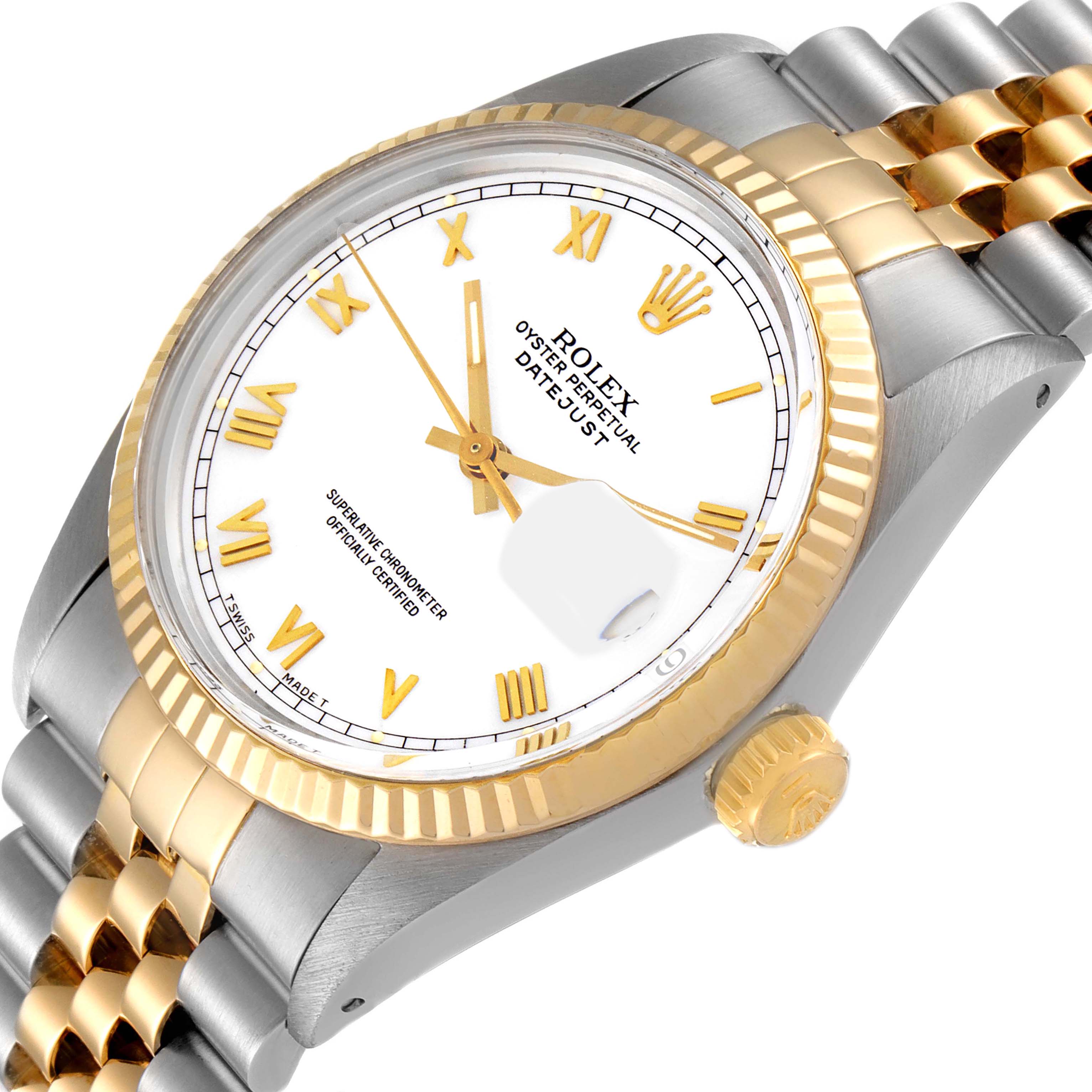 The image shows a close-up angled view of a Rolex Vintage Collection 16013 Men's Steel and Gold (two tone) White Dial 16013 Men's Steel and Gold (two tone) White Dial watch, highlighting the face, bezel, crown, and part of the bracelet.