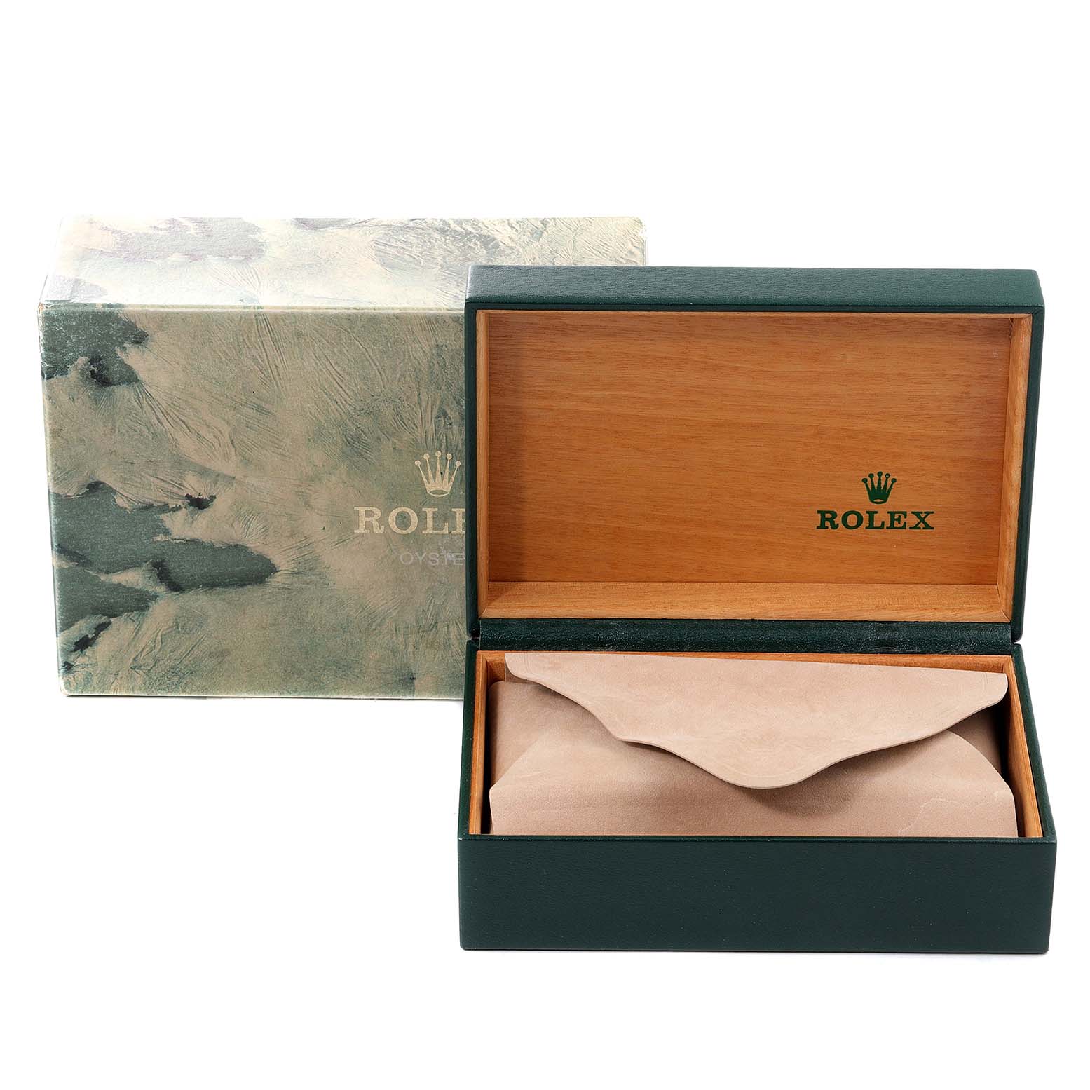 The image shows a Rolex Vintage Collection 16013 Men's Steel and Gold (two tone) White Dial 16013 Men's Steel and Gold (two tone) White Dial watch box with an inner suede pouch and an outer cardboard box.