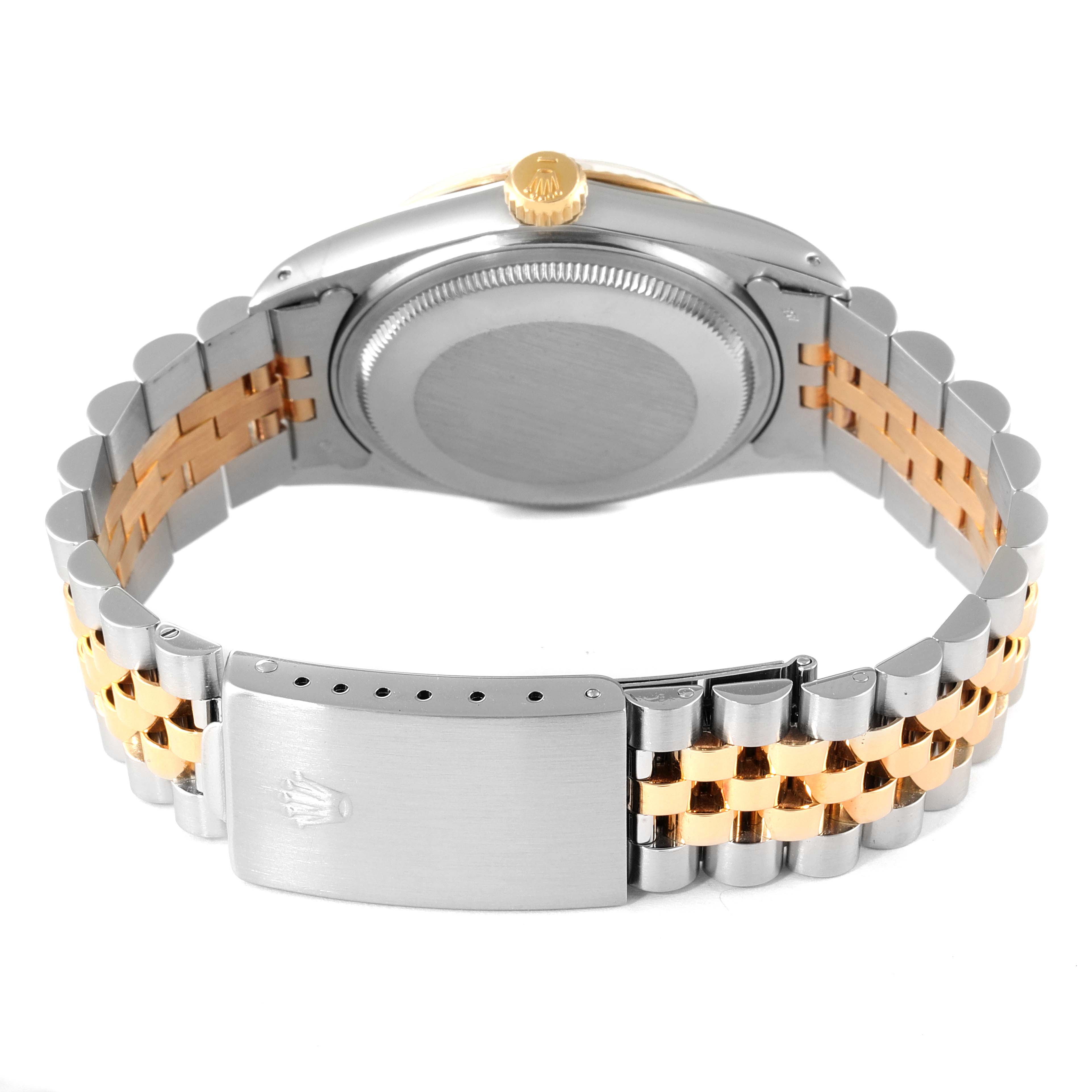 The image shows the case back and bracelet of a Rolex Vintage Collection 16013 Men's Steel and Gold (two tone) White Dial 16013 Men's Steel and Gold (two tone) White Dial model from the reverse angle.